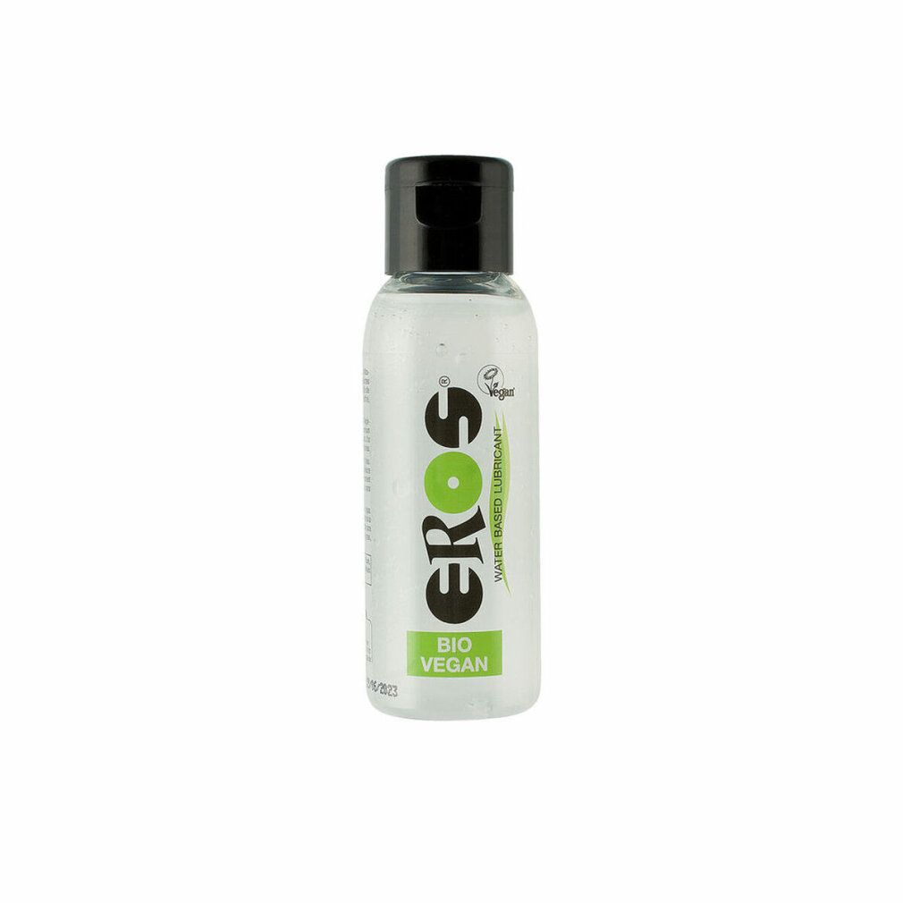 Klare Flasche mit schwarzem Deckel. Aufschrift: EROS, BIO VEGAN, Wasserbasiertes Gleitmittel. Vegan-Siegel.