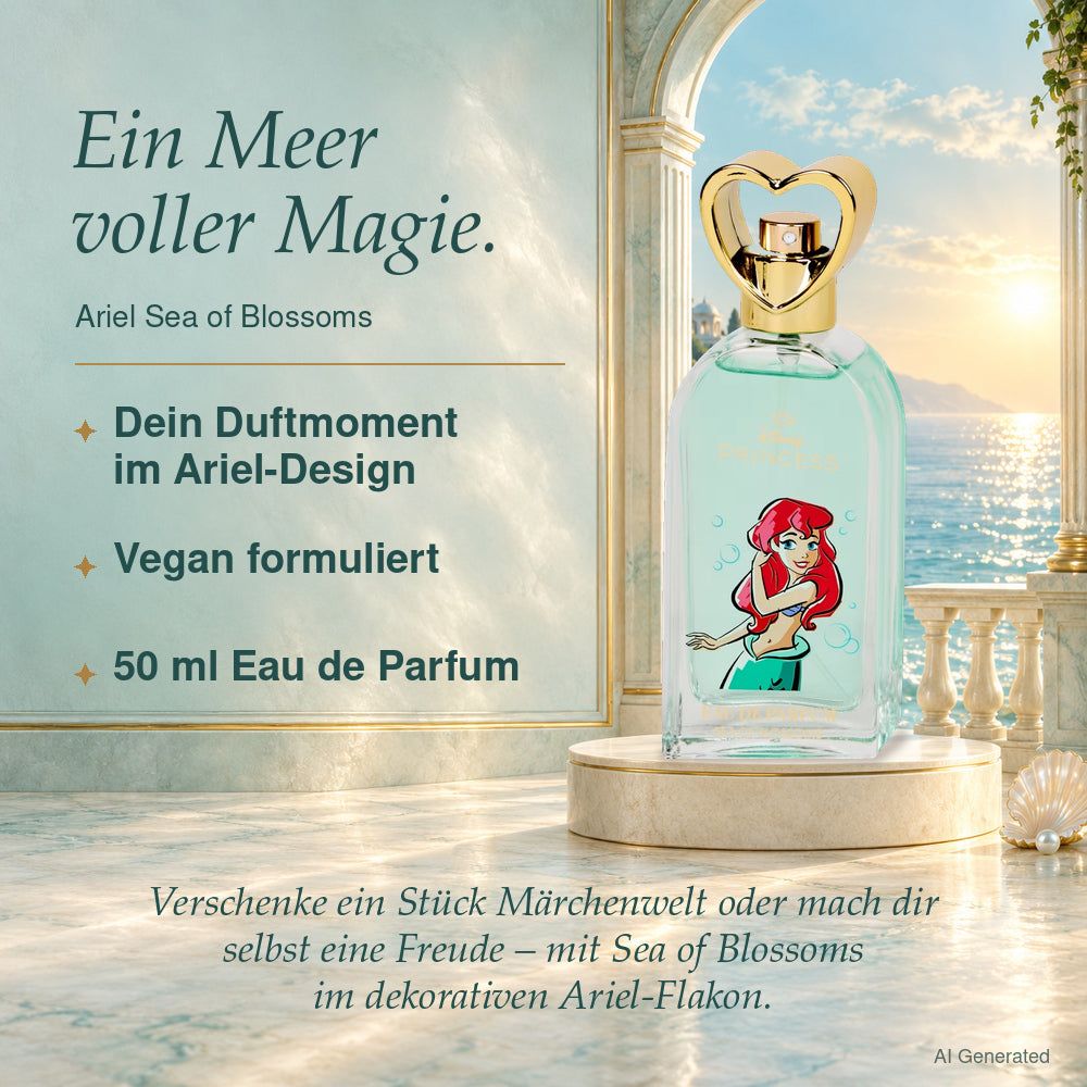Disney Princess Ariel Sea of Blossoms Eau de Parfum auf Podest, mit Meerblick und Säulen im Hintergrund.