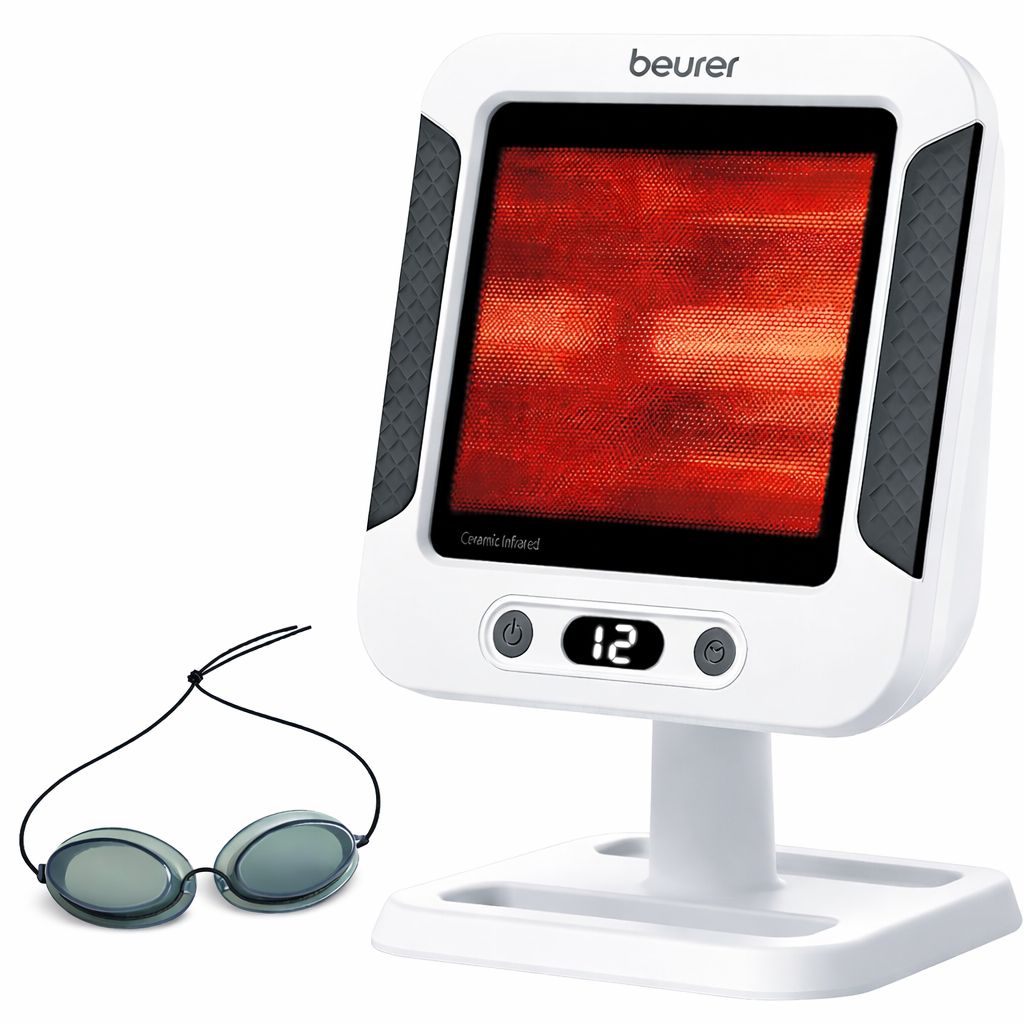 Weißer Infrarot-Wärmestrahler mit Schutzbrille. Digitalanzeige. Marke: beurer. Zubehör: Schutzbrille.
