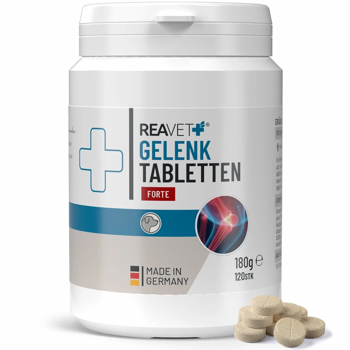 Weiße Dose REAVET Gelenktabletten Forte. Aufschrift: 180g, 120 Stück. Tabletten daneben. Logo: Kreuz. Made in Germany. Rote Markierung.