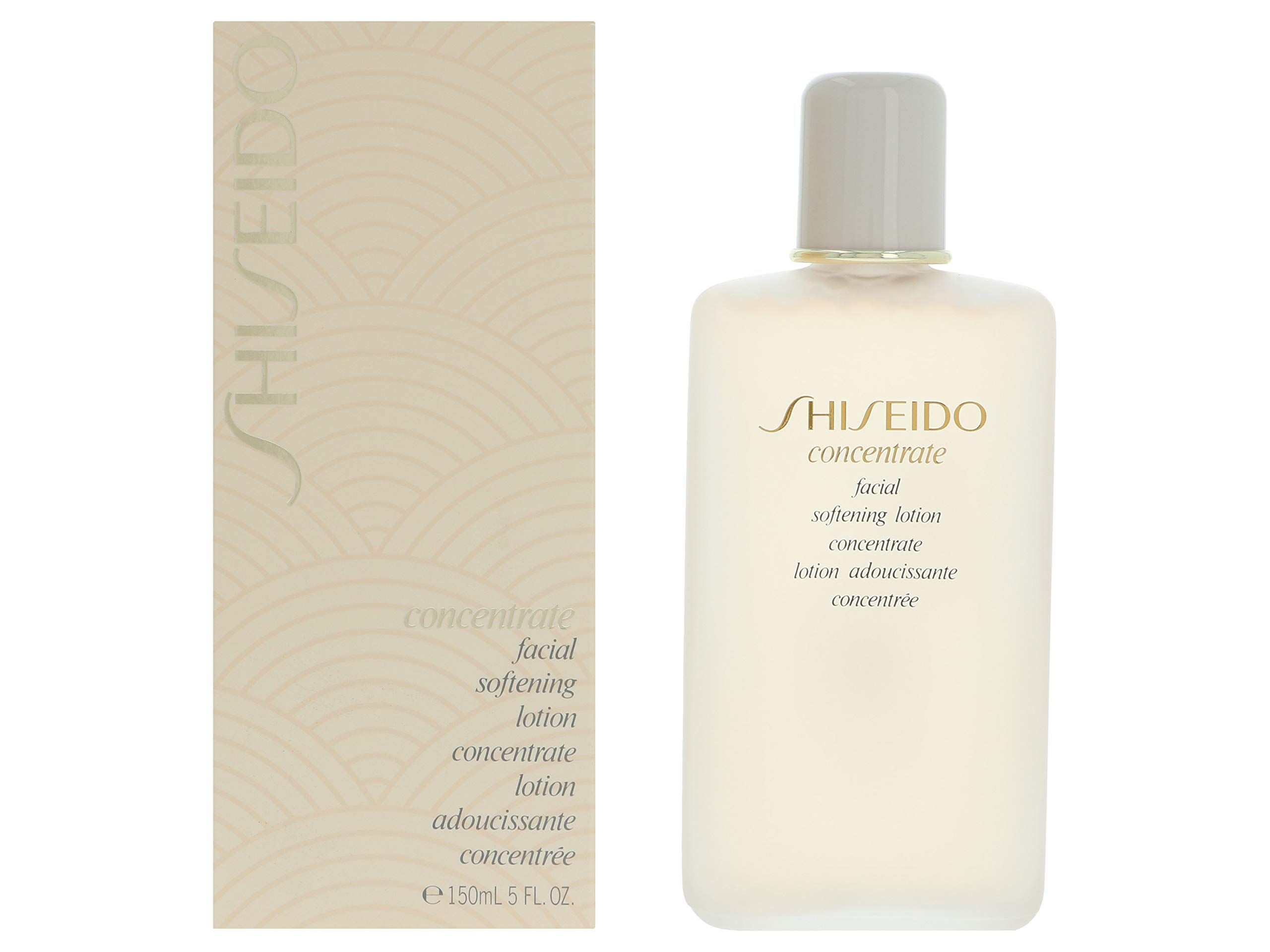 Flasche und Verpackung. Flasche: Beige, weißer Deckel. Verpackung: Beige, Shiseido. Aufschrift: Concentrate, softening lotion, 150ml.