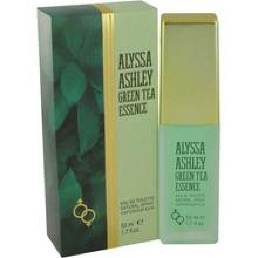 Alyssa Ashley Green Tea Essence EdT-Spray. Flakon und Schachtel. Grün und goldfarben. Aufschrift: Alyssa Ashley, Green Tea Essence, 50 ml.