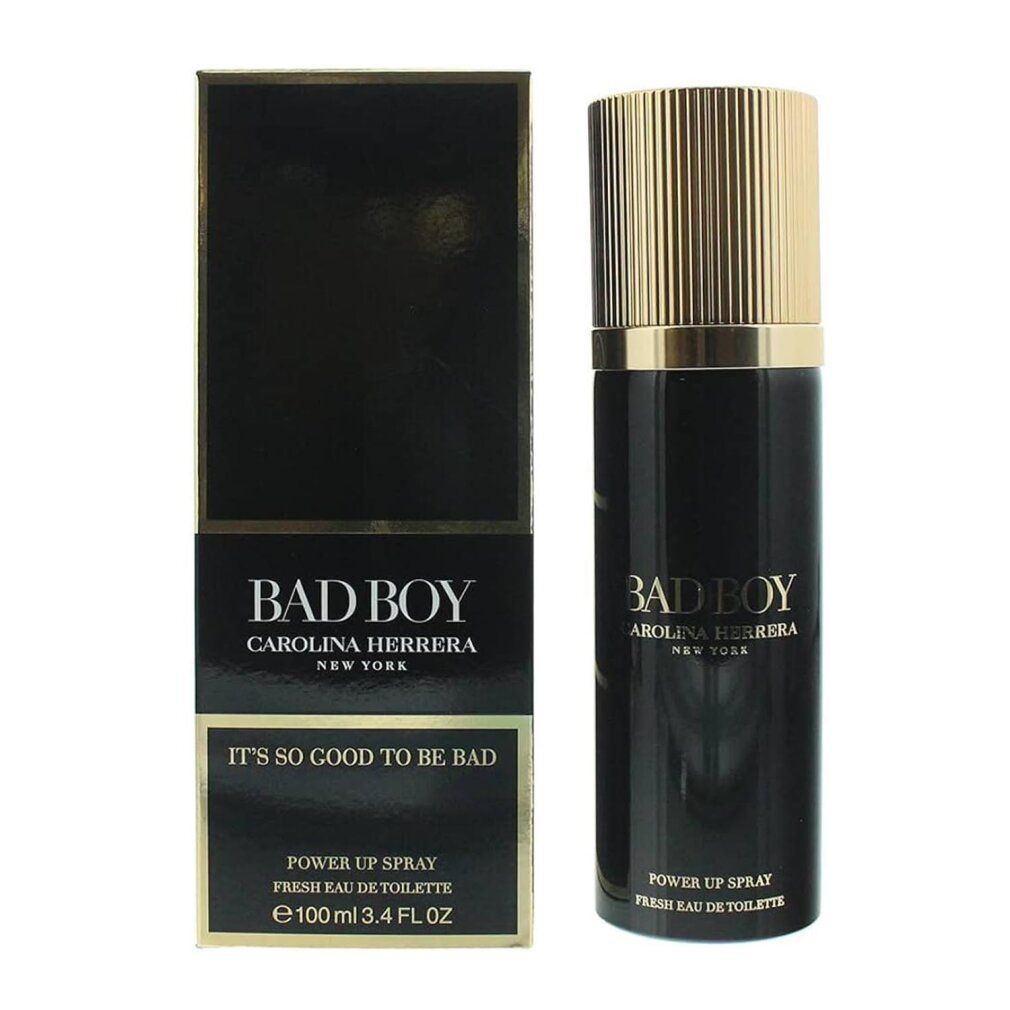 Flacone nero con tappo dorato e confezione. Scritta: Bad Boy, Carolina Herrera, Power Up Spray, Fresh Eau de Toilette.