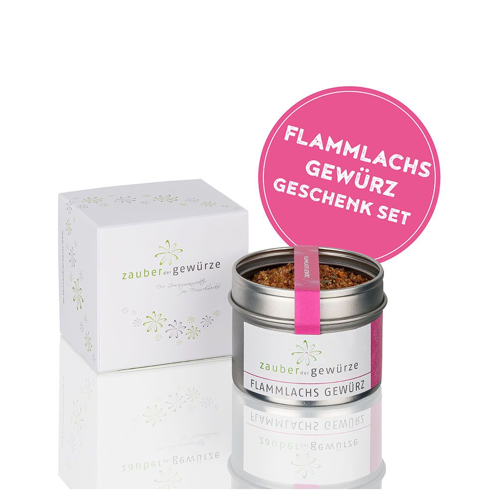 Geschenkset mit Gewürzdose und Geschenkbox. Dose mit rosa Etikett und Aufschrift. Rosa Kreis mit Text.