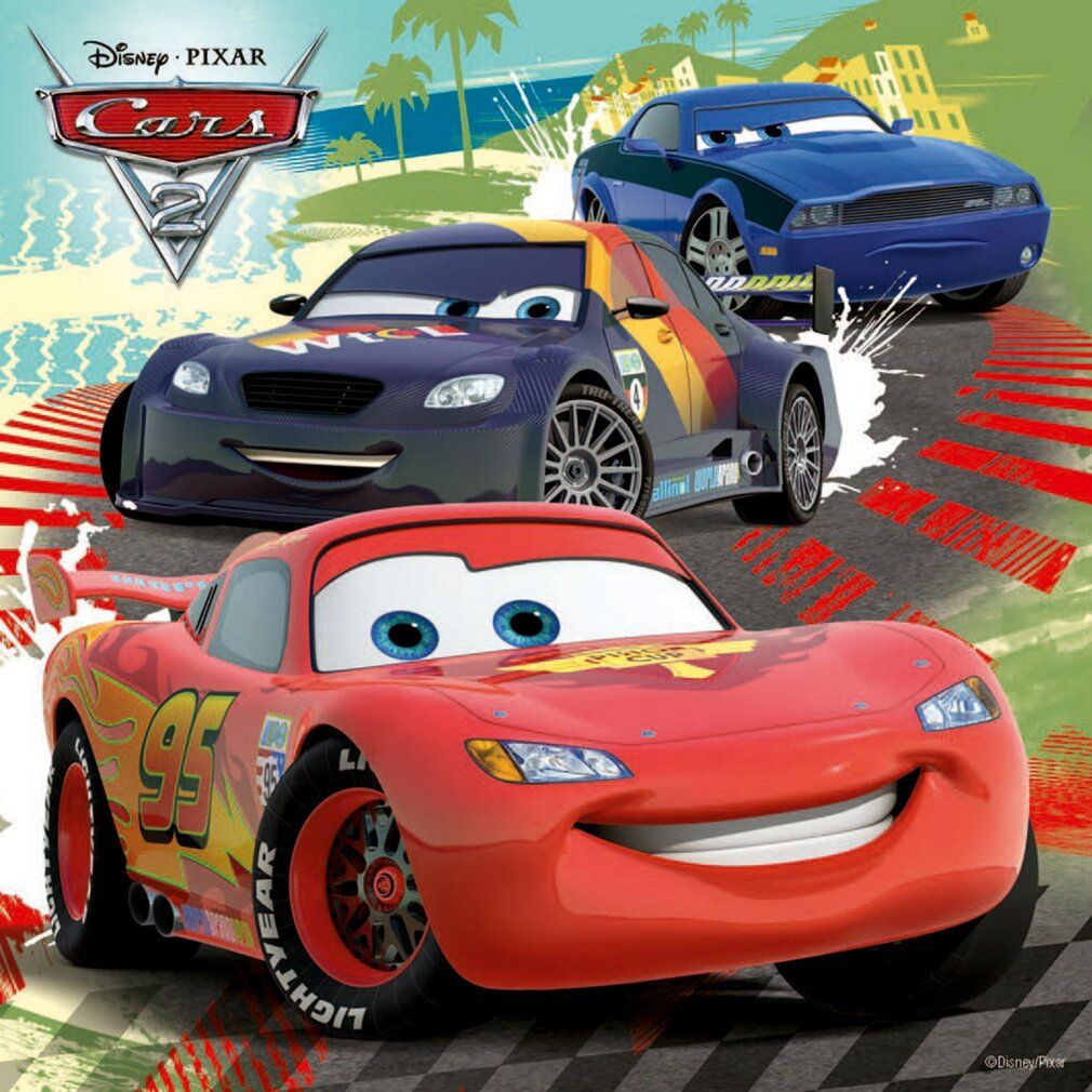 Cars-Puzzle mit Lightning McQueen und anderen Rennwagen. Hintergrund mit Rennstrecke. Disney Pixar Logo.