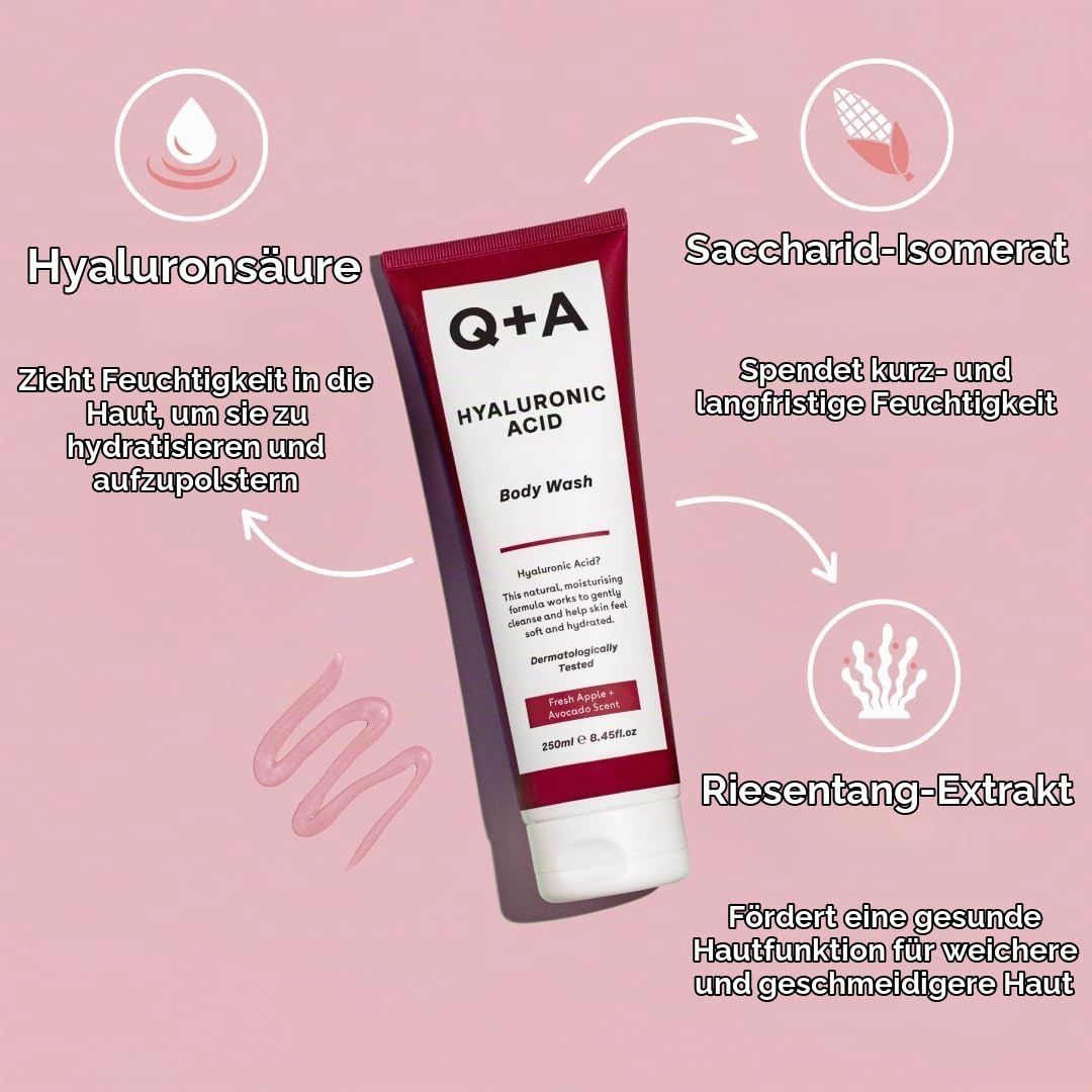 Q+A Hyaluronic Acid Body Wash in einer Tube mit Apfel- und Avocado-Duft. 250 ml.