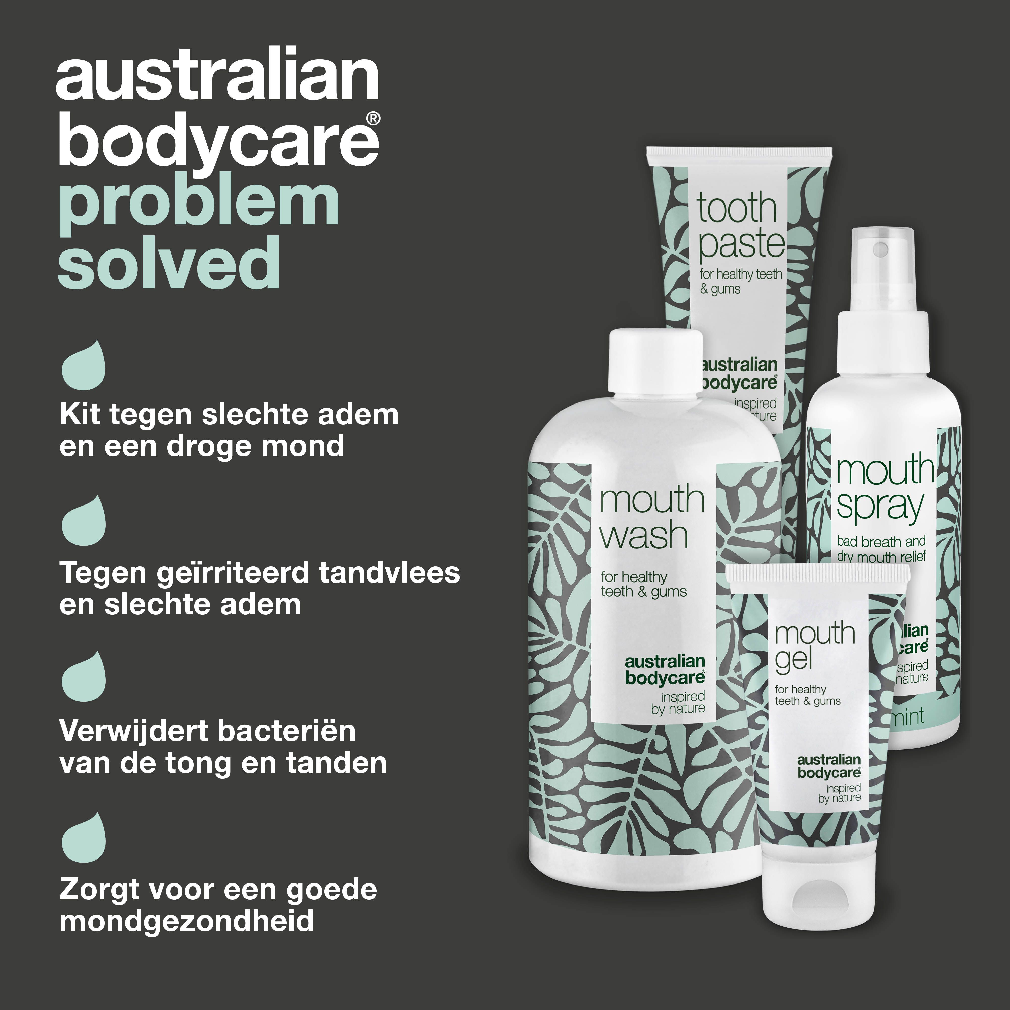 Grafiek met mondverzorgingsproducten. Tekst: Australian Bodycare, probleem opgelost. Bevat mondwater, tandpasta, mondgel, mondspray.