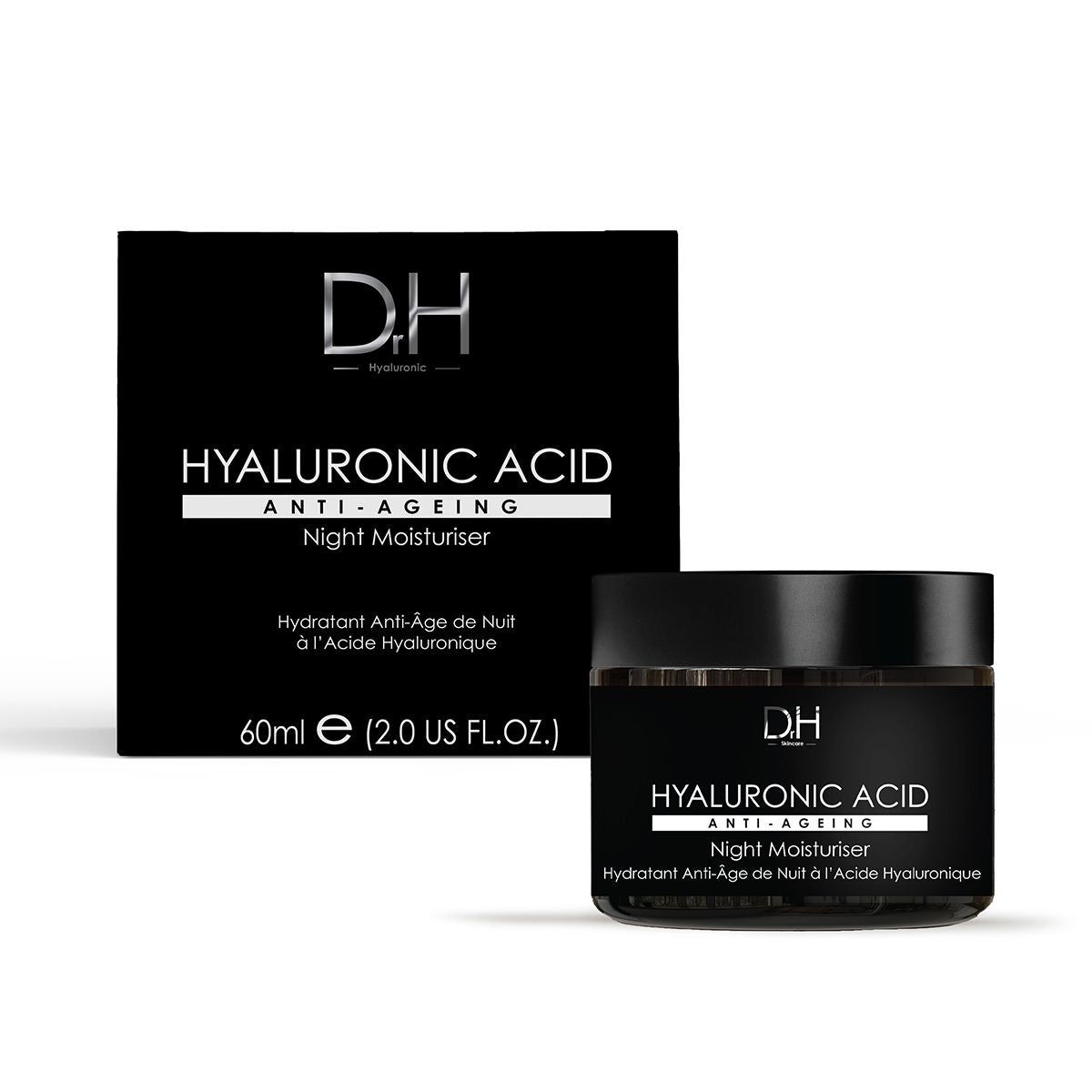 Schwarzer Tiegel und Schachtel. Aufschrift: D.H, HYALURONIC ACID ANTI-AGEING Night Moisturiser. Französisch: Hydratant Anti-Âge de Nuit à l'Acide Hyaluronique. 60ml.