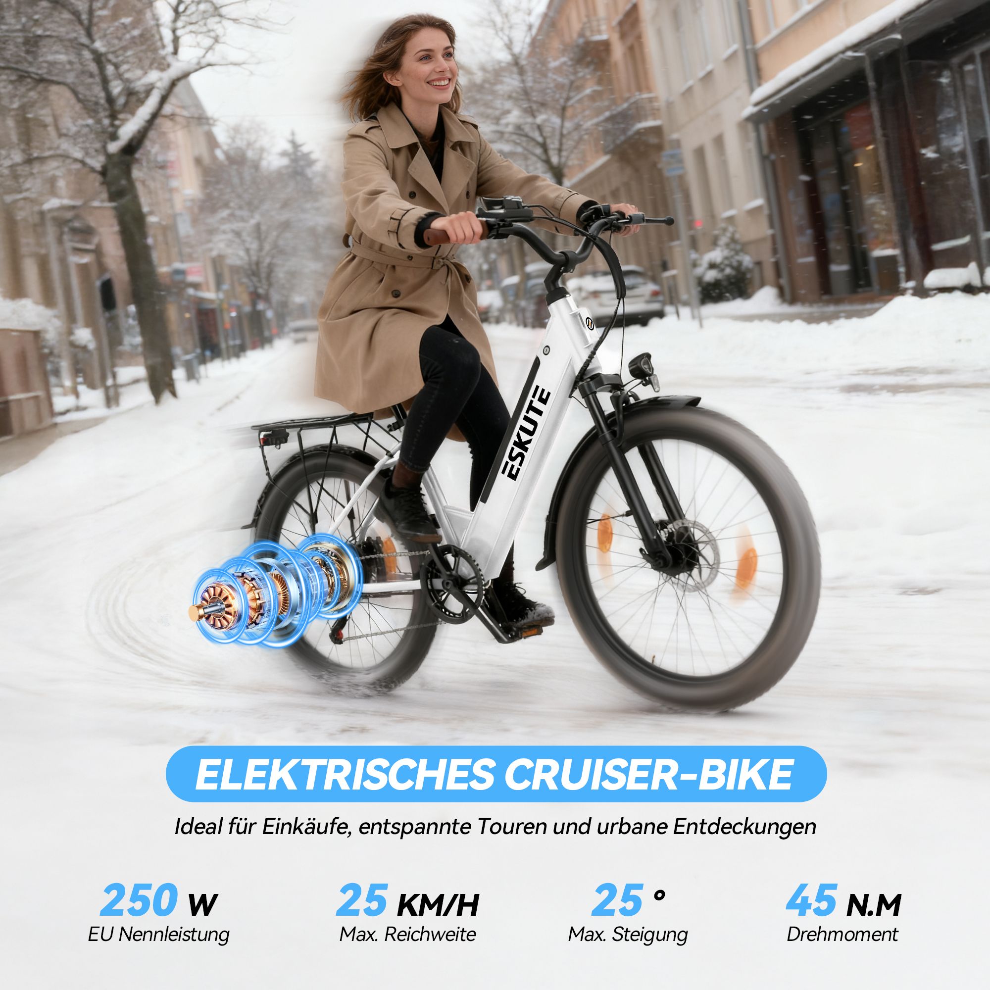 Frau fährt Elektro-Cruiser-Bike. Text: Elektrisches Cruiser-Bike. 250W, 25 KM/H, 25°, 45 N.M. Drehmoment.