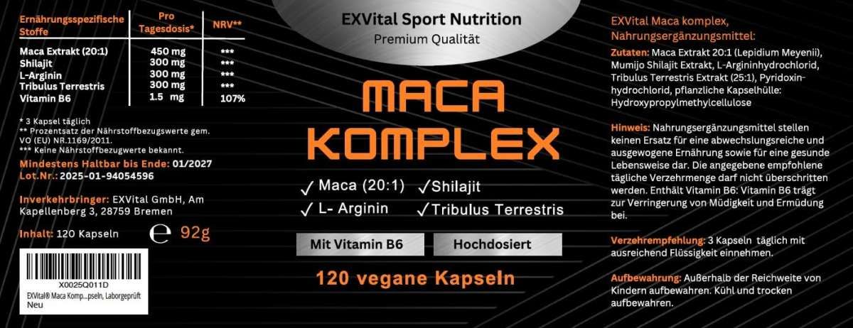 Produktetikett mit Text. Text: Maca Komplex, Inhaltsstoffe, 120 vegane Kapseln. Marke: EXVital Sport Nutrition.