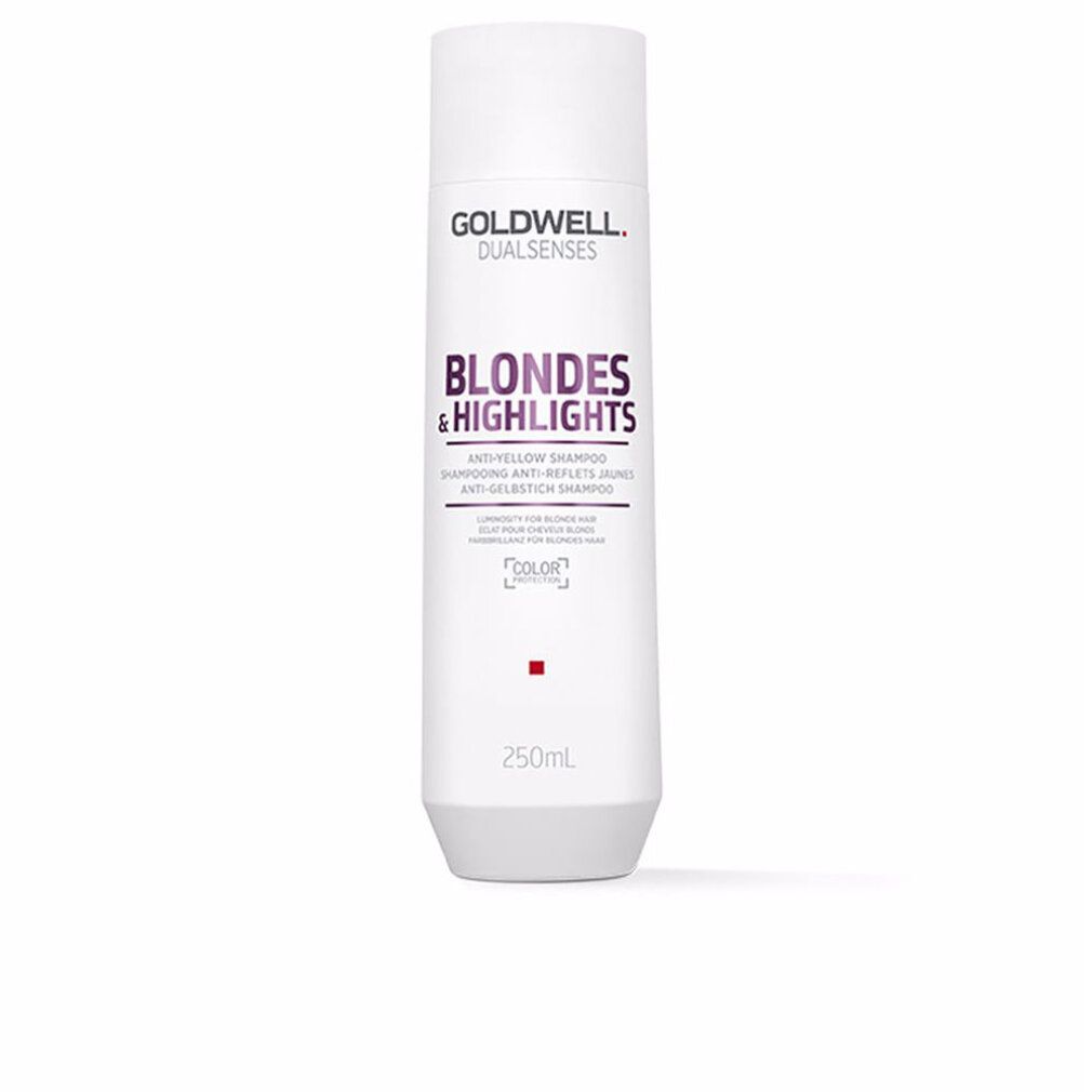 Weißes Shampoo-Flakon mit lila Schriftzug. Goldwell Dualsenses Blondes & Highlights Anti-Gelbstich Shampoo. 250ml.