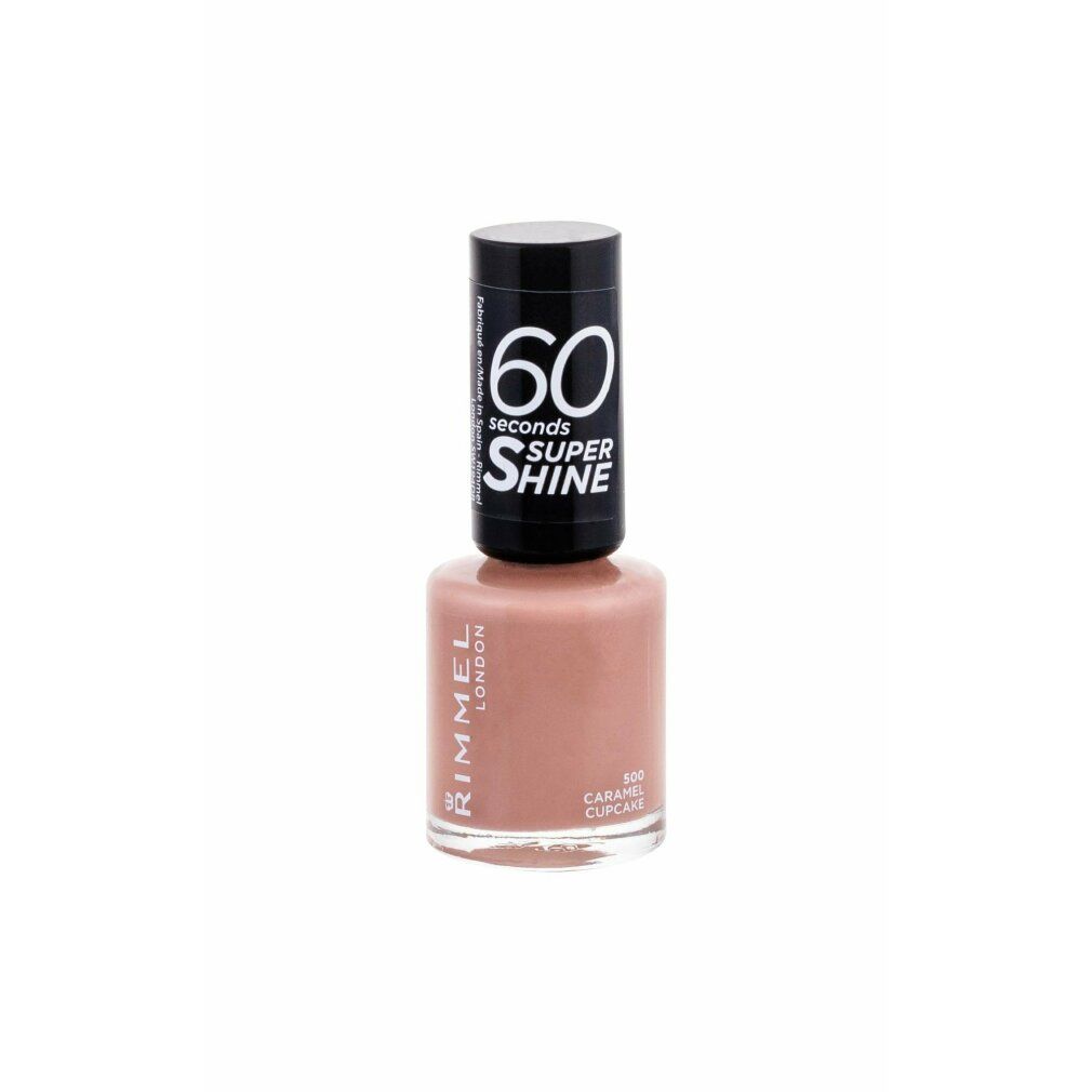 Nagellackflasche mit braunem Inhalt. Schwarzer Deckel mit weißer Schrift: 60 seconds Super Shine. Marke: Rimmel London. Bezeichnung: Caramel Cupcake.