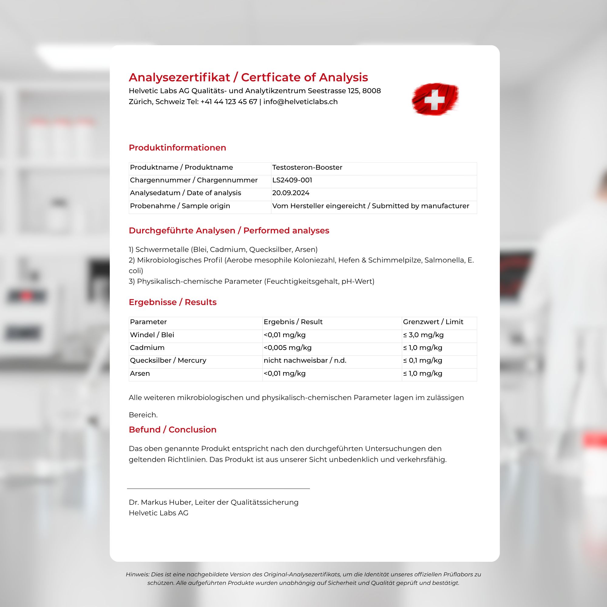 Analyse Zertifikat. Text: Testosteron-Booster. Schweizer Kreuz. Ergebnisse und Schlussfolgerung.