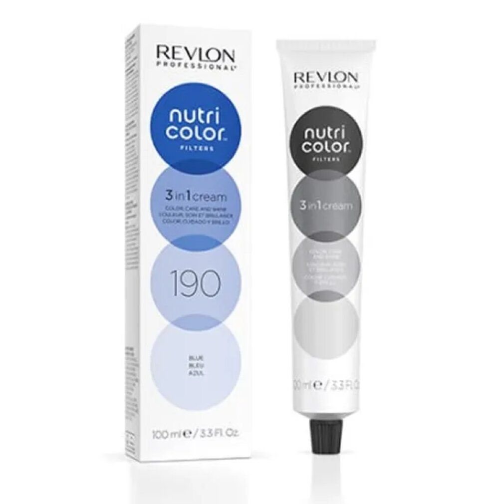 Produktverpackung mit Tube und Schachtel. Tube: weiß, schwarz, silber. Schachtel: blau, weiß. Aufschrift: Revlon, Nutri Color Filters, 190.
