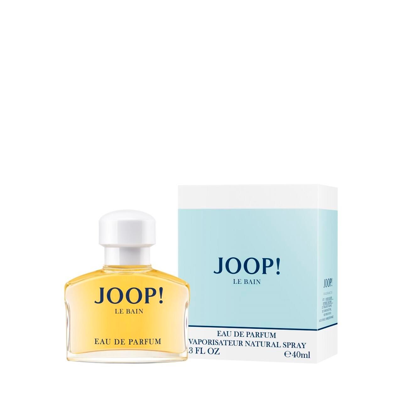 JOOP! Le Bain Eau de Parfum Flakon und Verpackung. Flakon mit gelber Flüssigkeit, weißer Verschluss. Verpackung weiß-blau.