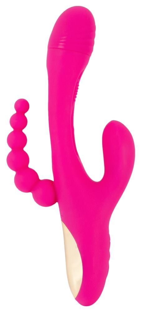 Pinkfarbener Vibrator mit gebogener Form, drei Stimulationselementen und einer Reihe von Kugeln. Goldfarbene Basis.
