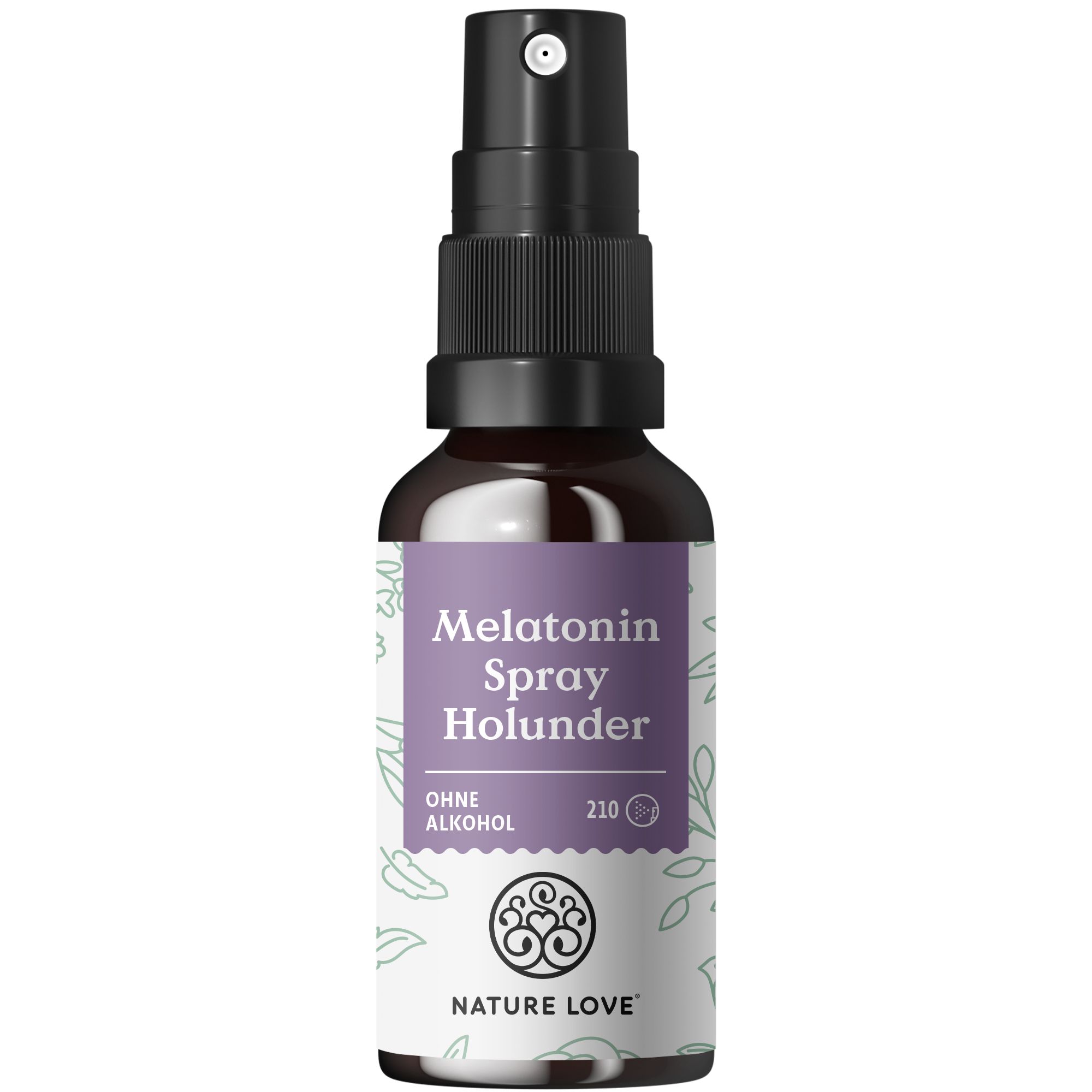 Braune Sprühflasche mit lila Etikett. Text: Melatonin Spray Holunder, ohne Alkohol. Logo: NATURE LOVE®.