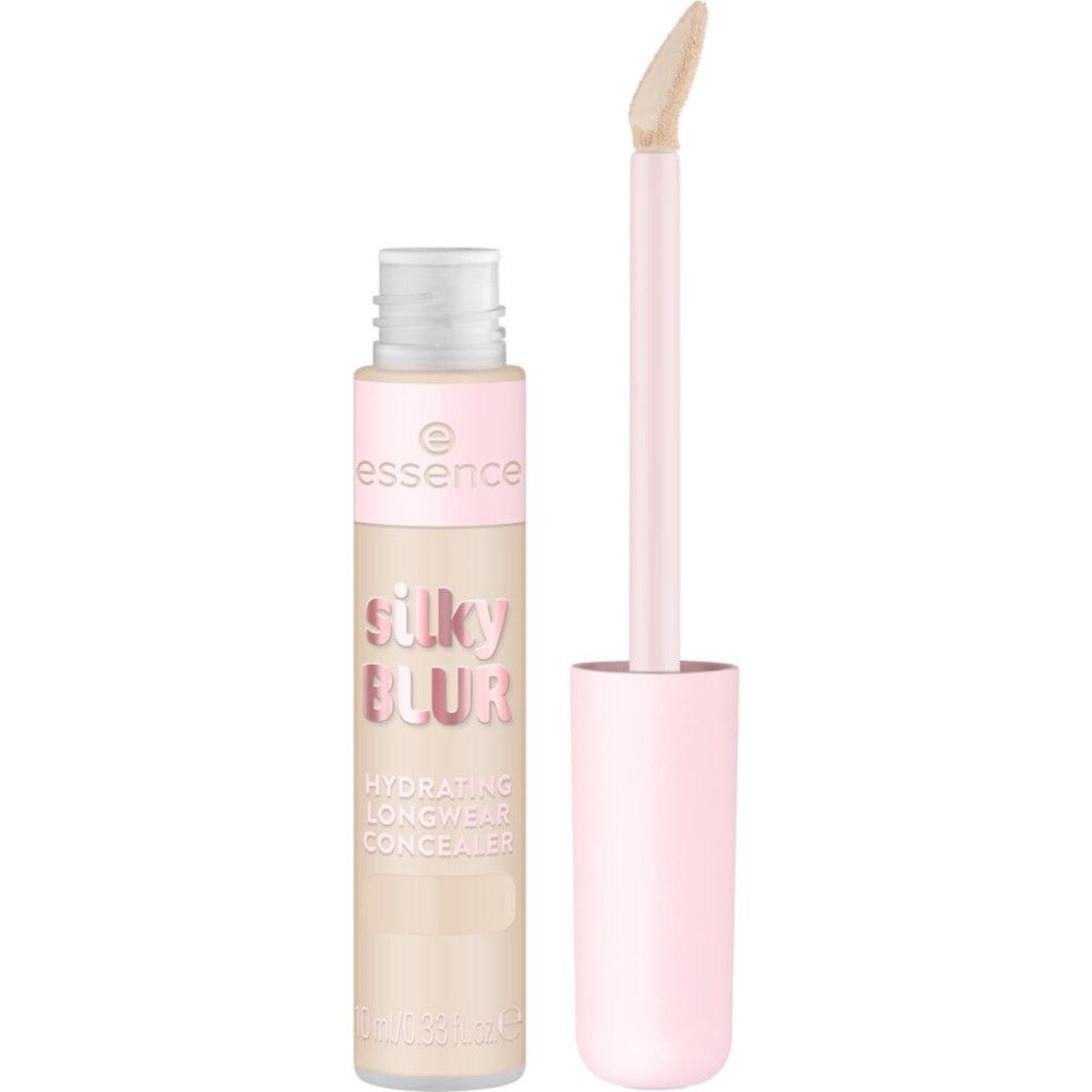 Concealer-Tube mit geöffnetem Deckel und Applikator. Aufschrift: Silky Blur, Hydrating Longwear Concealer. Marke: Essence.