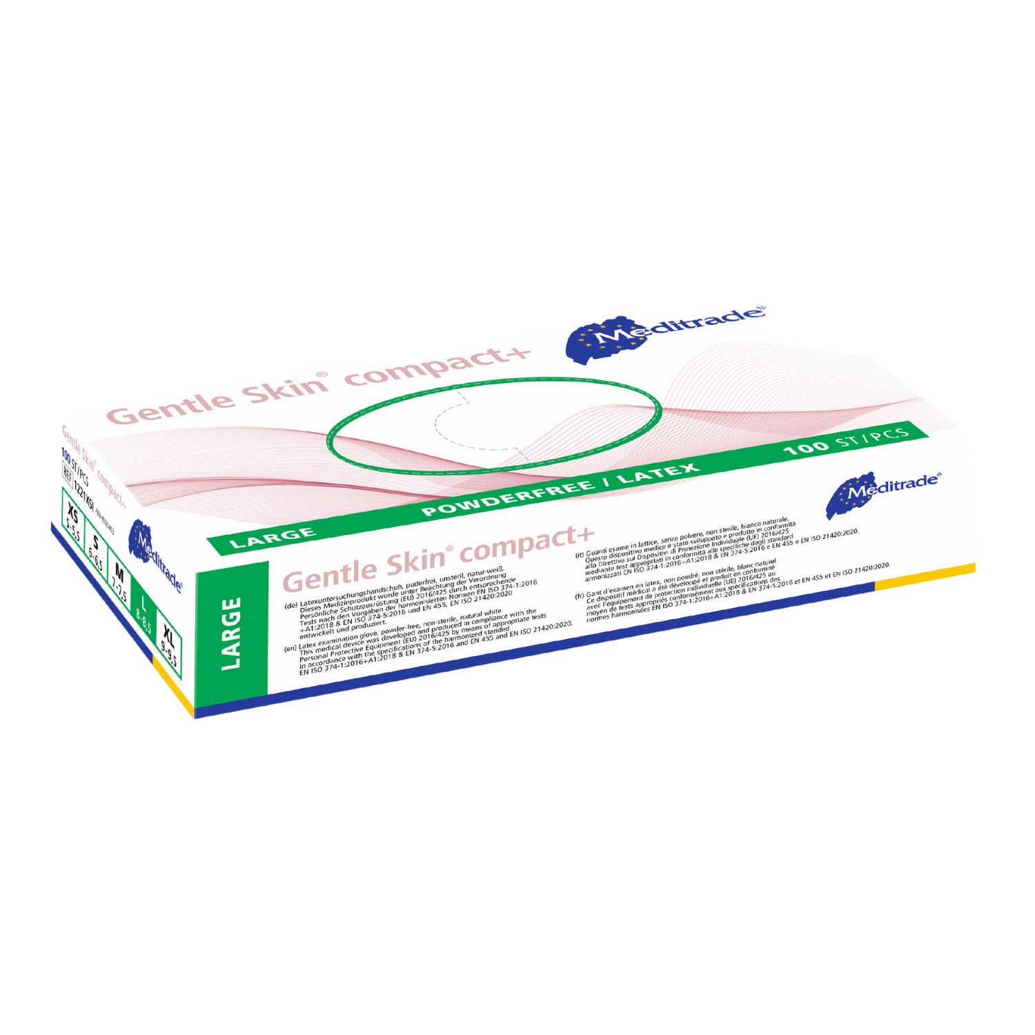 Meditrade Gentle Skin compact+ Einweghandschuh-Box. Large. 100 Stück. Powderfree/Latex. Logo und Produktname.