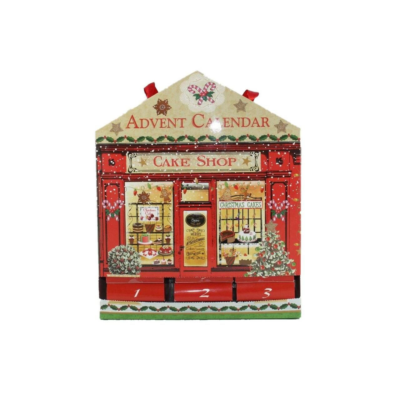 Adventskalender in Hausform. Rote Fassade mit "Cake Shop"-Schriftzug. Türchen mit Zahlen 1-3. Rote Schleifen zum Aufhängen.