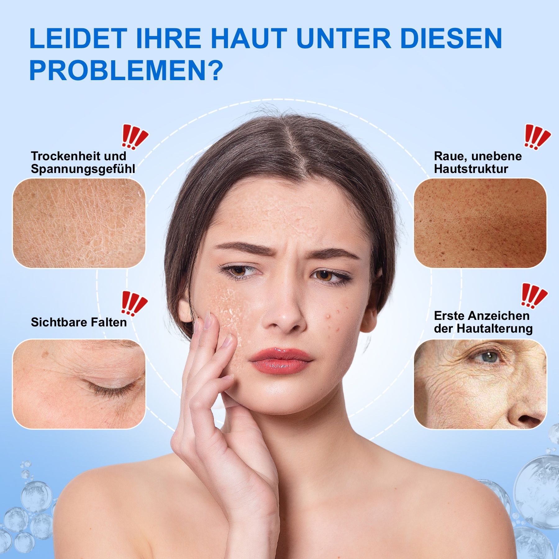 Frau mit Hautproblemen. Text: Trockenheit, Falten, etc. Rote Ausrufezeichen neben den Problemen.