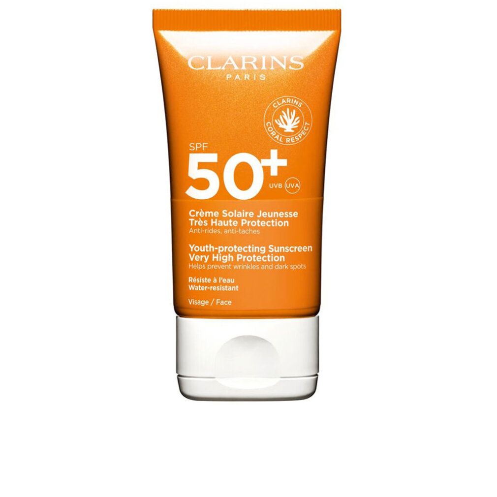 Clarins Sonnencreme LSF 50+ für das Gesicht. Orange Tube mit weißem Verschluss und Korallen-Logo.