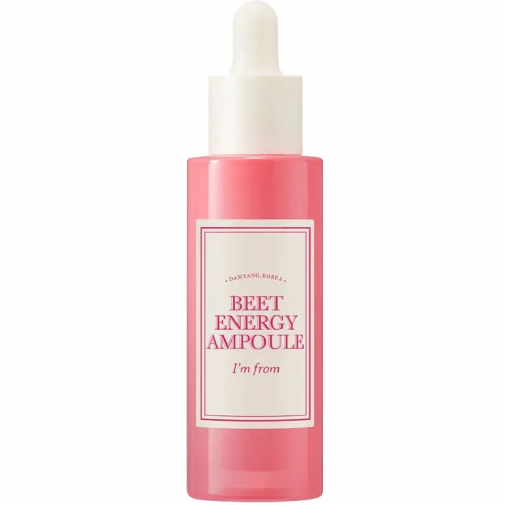Rosa Flasche mit weißem Deckel und Pipette. Etikett mit Text: BEET ENERGY AMPOULE, I'm from.
