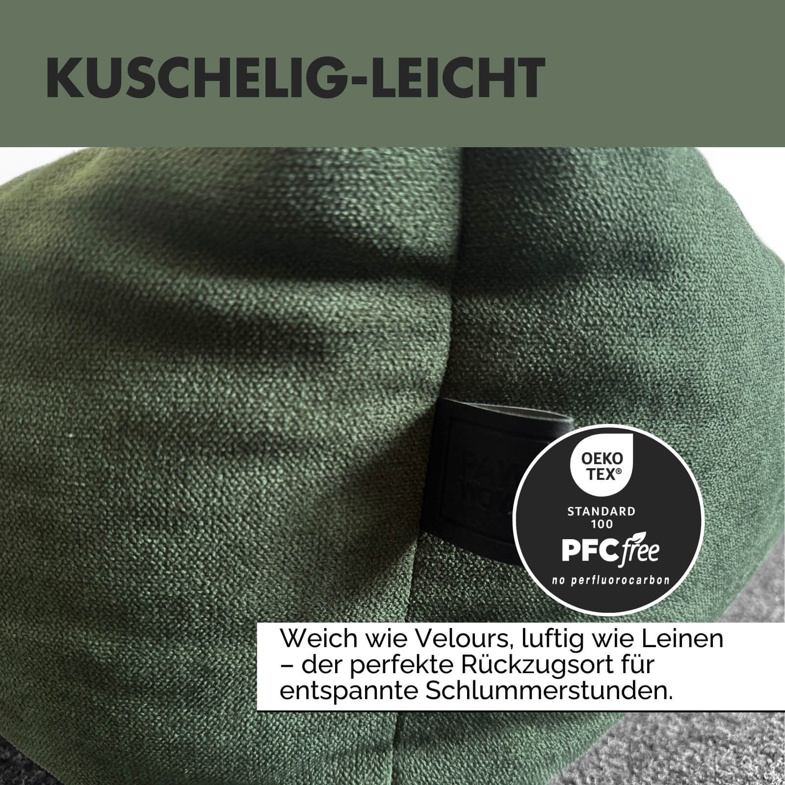 Detailansicht des grünen Hundebetts. Text: Kuschelig-leicht. Oeko-Tex Standard 100 Label. PFC free Label.
