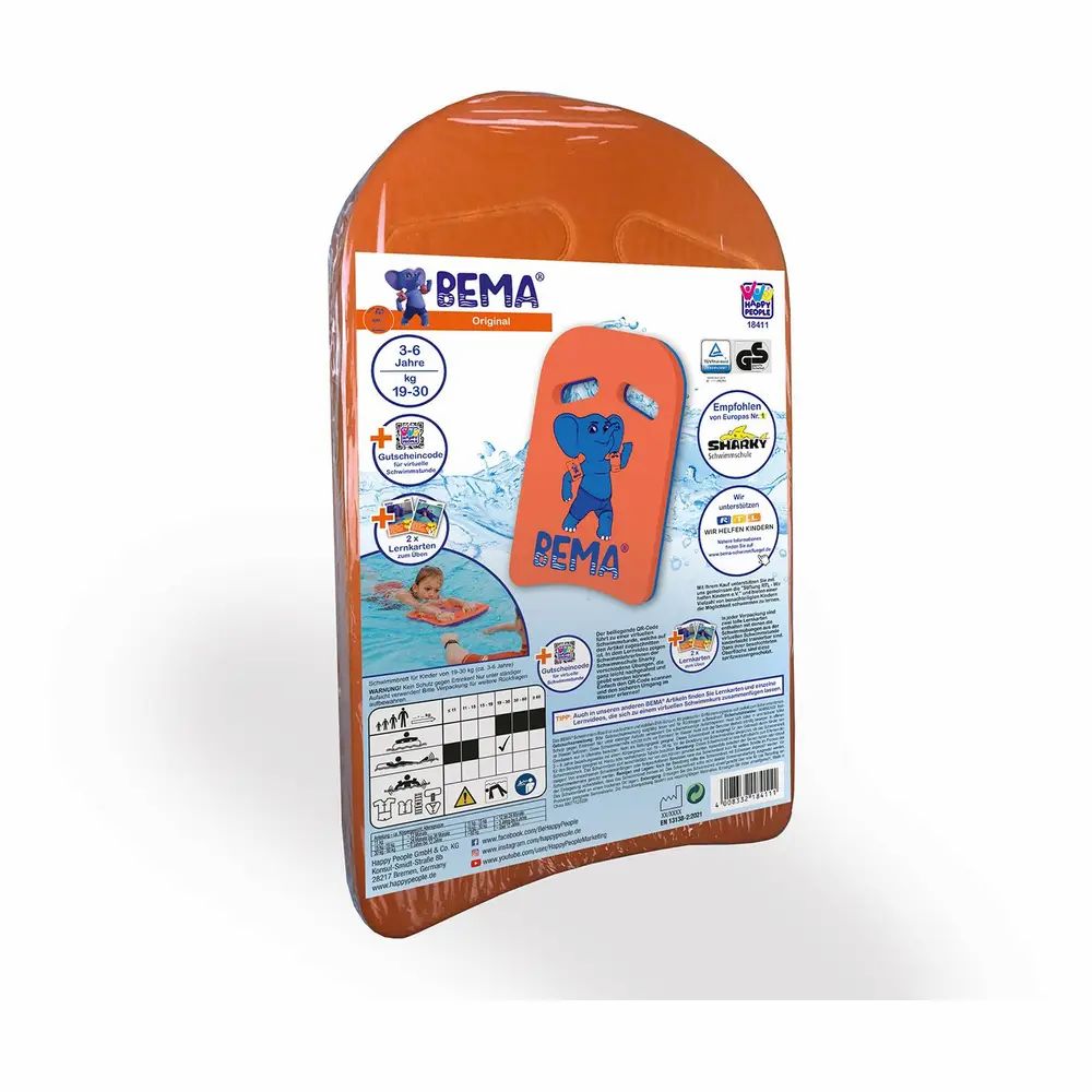 Schwimmbrett in Folie verpackt. Orangefarbenes Brett mit blauem Elefanten-Logo. Produktinformationen und GS-Zeichen.