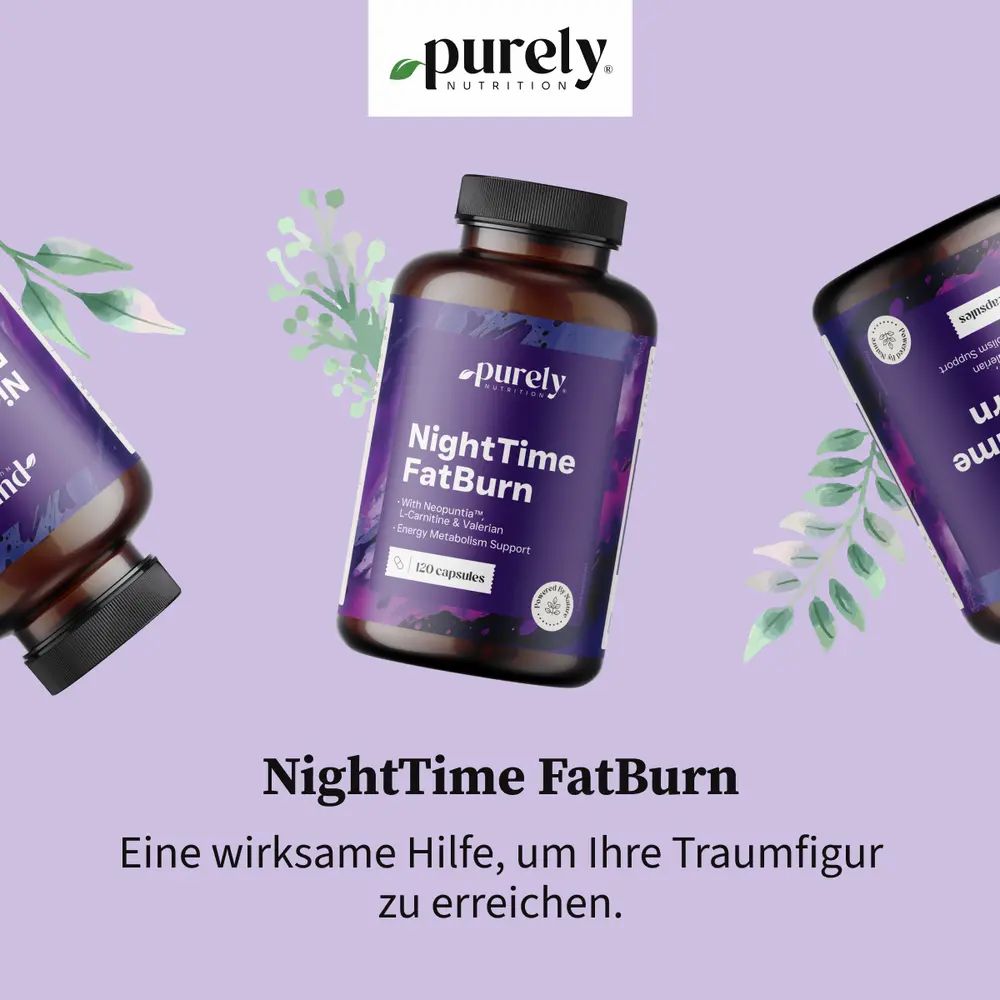 Dose Purely NightTime FatBurn vor blühendem Baldrian. Text: "Eine wirksame Hilfe, um Ihre Traumfigur zu erreichen."