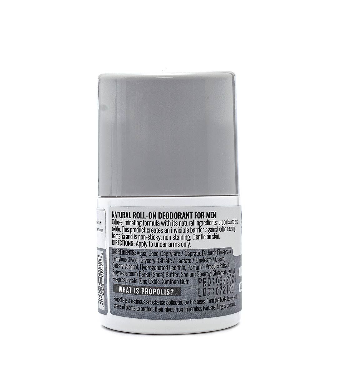 Rückseite des Roll-on-Deos. Grauer Deckel, weißer Behälter. Text: NATURAL ROLL-ON DEODORANT FOR MEN, Inhaltsstoffe, PROD:03/2021, LOT:072101.