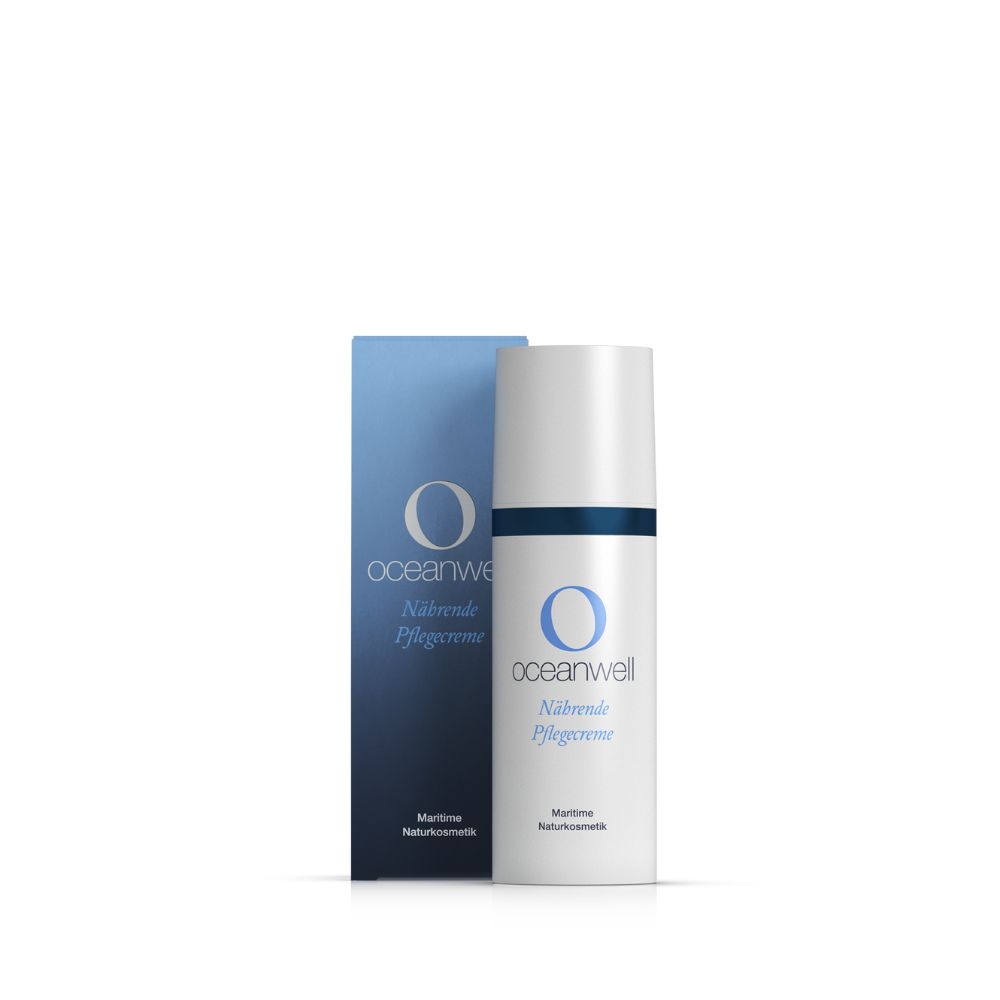 Creme-Flakon und Schachtel. Beide mit Logo und Schriftzug "oceanwell Nährende Pflegecreme". Blaue und weiße Farbgebung.