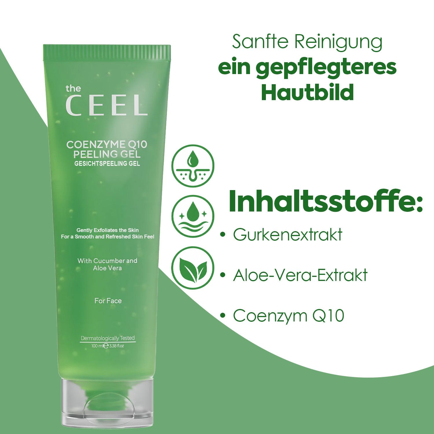 Hand hält grüne Tube "the CEEL COENZYME Q10 PEELING GEL" über einem Waschbecken. Anwendungshinweise.