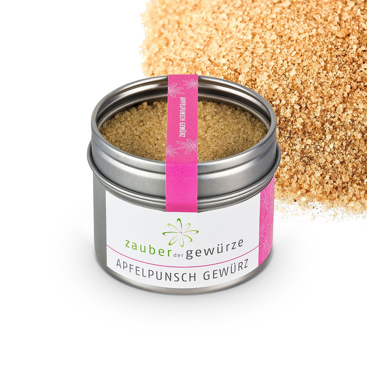 Geöffnete Dose mit Gewürzen, daneben Gewürzstreusel. Rosa Etikett mit 'Apfelpunsch Gewürz'. Marke 'Zauber der Gewürze'.
