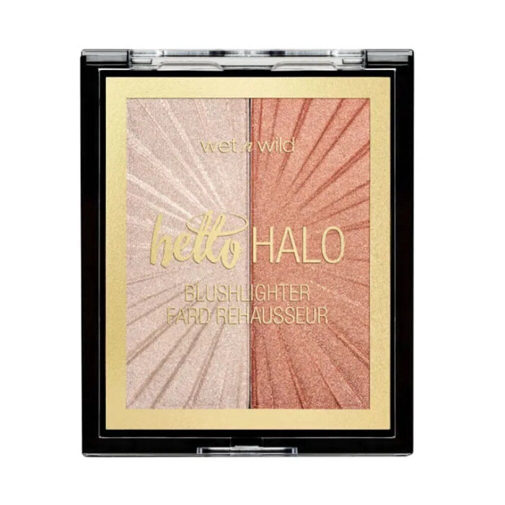 Blushlighter-Palette mit zwei Farbtönen. Aufschrift "hello HALO" und "BLUSHLIGHTER FARD REHAUSSEUR". Schwarzer Rahmen, goldfarbener Innenrahmen.