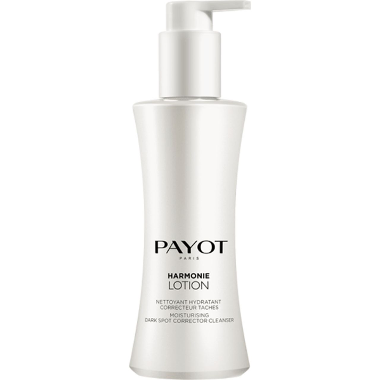 Weiße Flasche mit Pumpverschluss. Aufschrift: Payot, Harmonie Lotion. Text: Nettoyant hydratant, correcteur de taches.