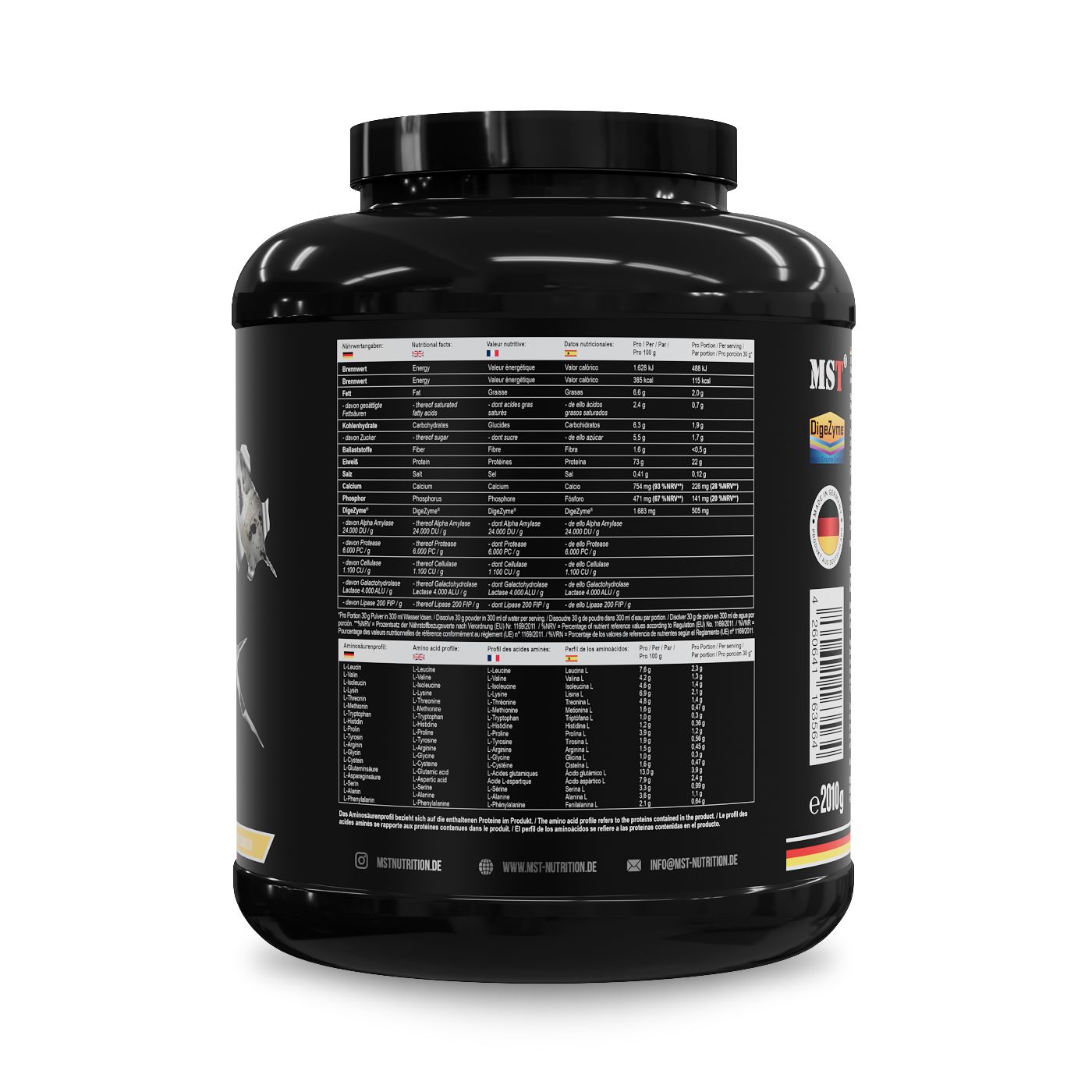 Rückseite des MST Best Whey Protein Behälters mit Nährwertangaben und Zutatenliste in mehreren Sprachen.