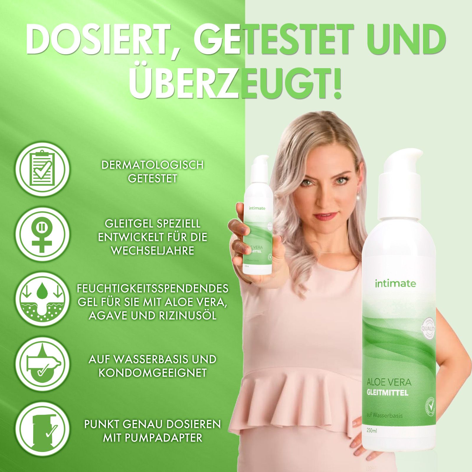 Frau hält INTIMATE Aloe Vera Gleitmittel, daneben eine größere Flasche.