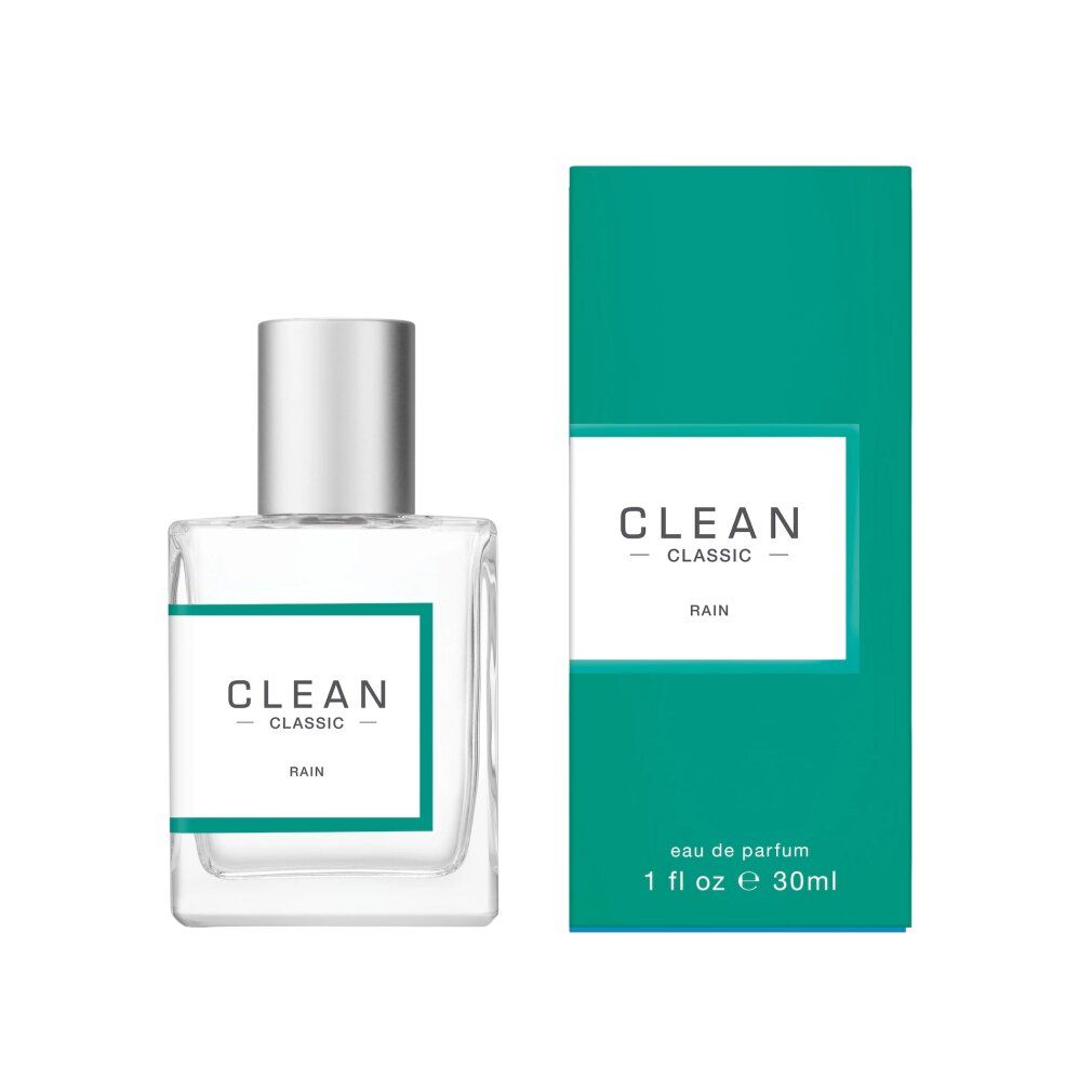 Flakon und Schachtel. Flakon: quadratisch, Glas, silberner Verschluss. Schachtel: grün, weißes Etikett mit Text: CLEAN CLASSIC RAIN.