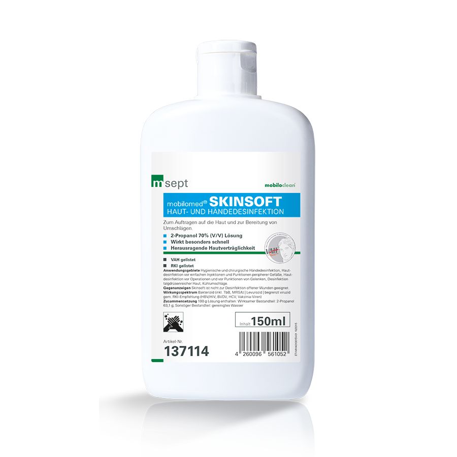 Weiße Flasche mit blau-weißem Etikett. Aufschrift: mobilomed® Skinsoft Haut- und Händedesinfektionsmittel. 150ml.