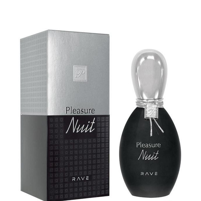 Schwarzer Flakon und silberne Verpackung. Aufschrift: Pleasure Nuit, Rave. Flakon mit silbernem Verschluss.