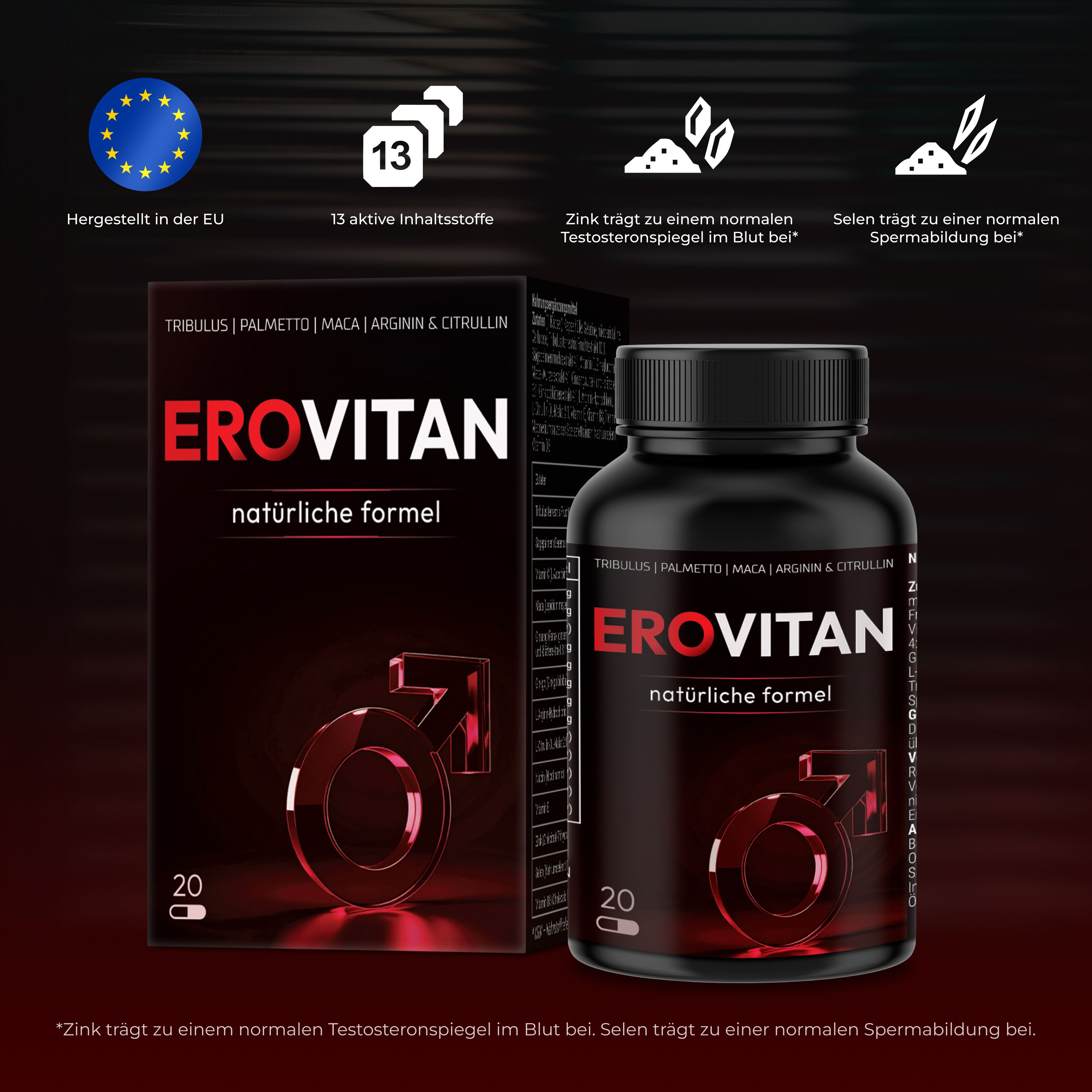 Erovitan – Nahrungsergänzungsmittel für Männer mit Ginseng, Maca, Zink und Selen – 20 Kapseln