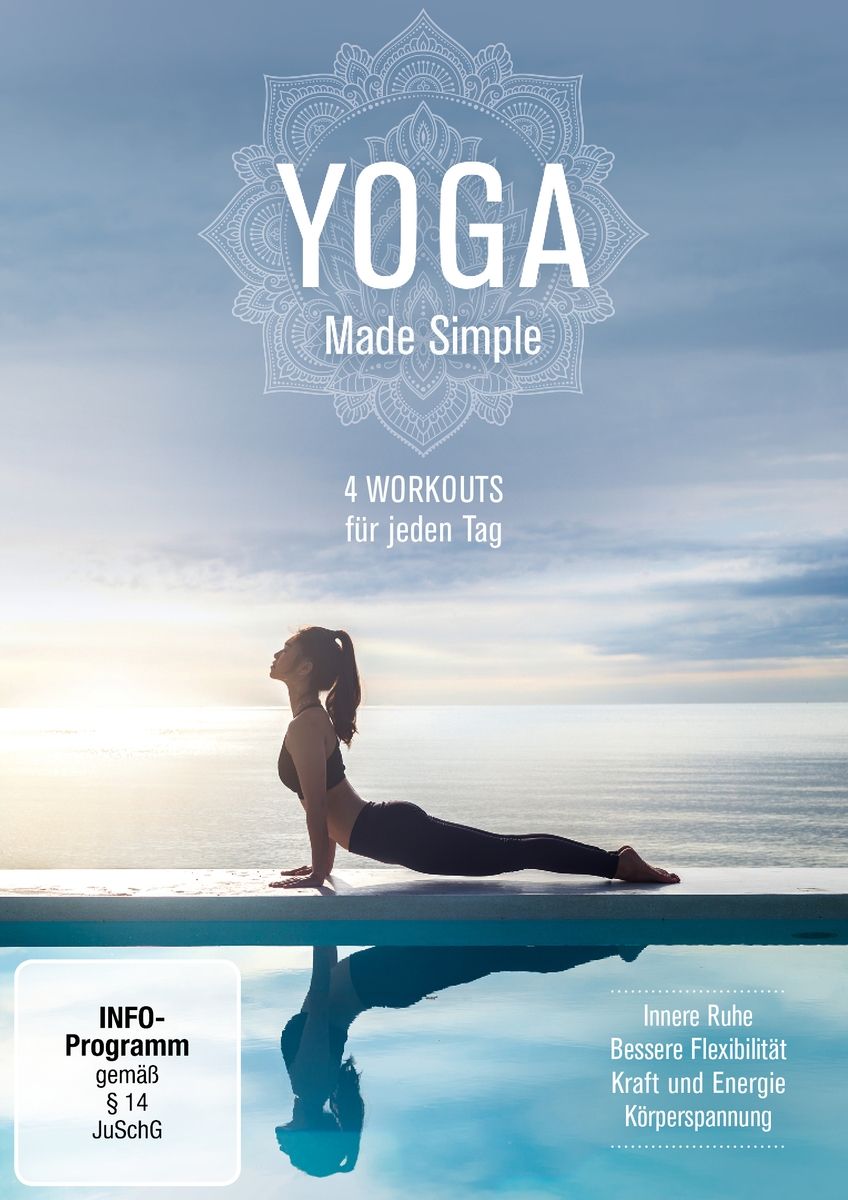 Buchcover mit Titel YOGA Made Simple. Eine Frau macht Yoga am Pool. Text: 4 Workouts für jeden Tag. Weitere Textblöcke.