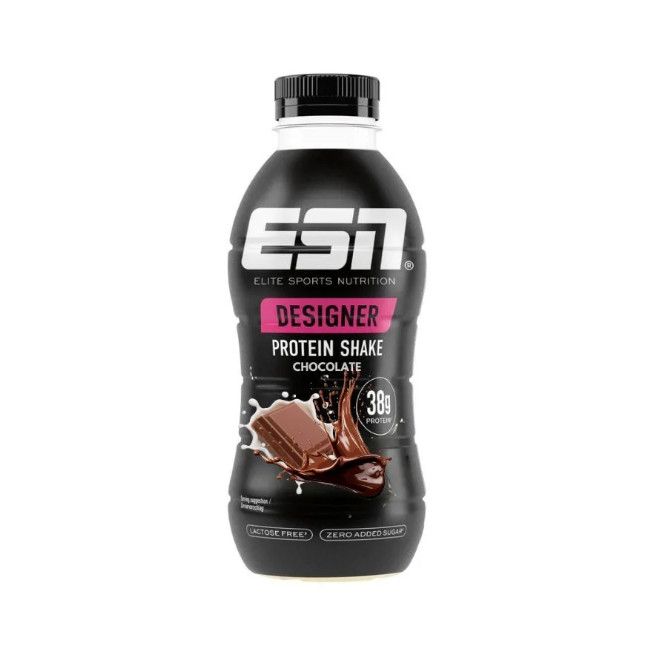 Schwarze Flasche mit ESN-Logo und "Designer Protein Shake"-Etikett. Schokoladen-Geschmack mit 38g Protein-Angabe. Laktosefrei und ohne Zuckerzusatz.