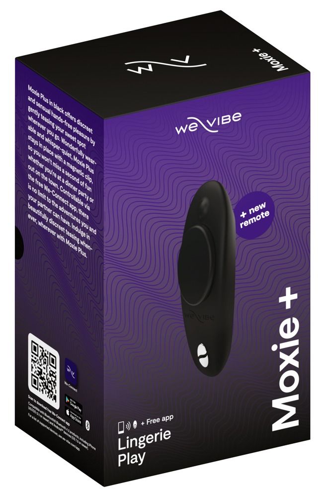 Schwarze Verpackung mit Produktabbildung und Text. Enthält das Produkt Moxie+ und die Fernbedienung. Mit QR-Code und App-Hinweis.