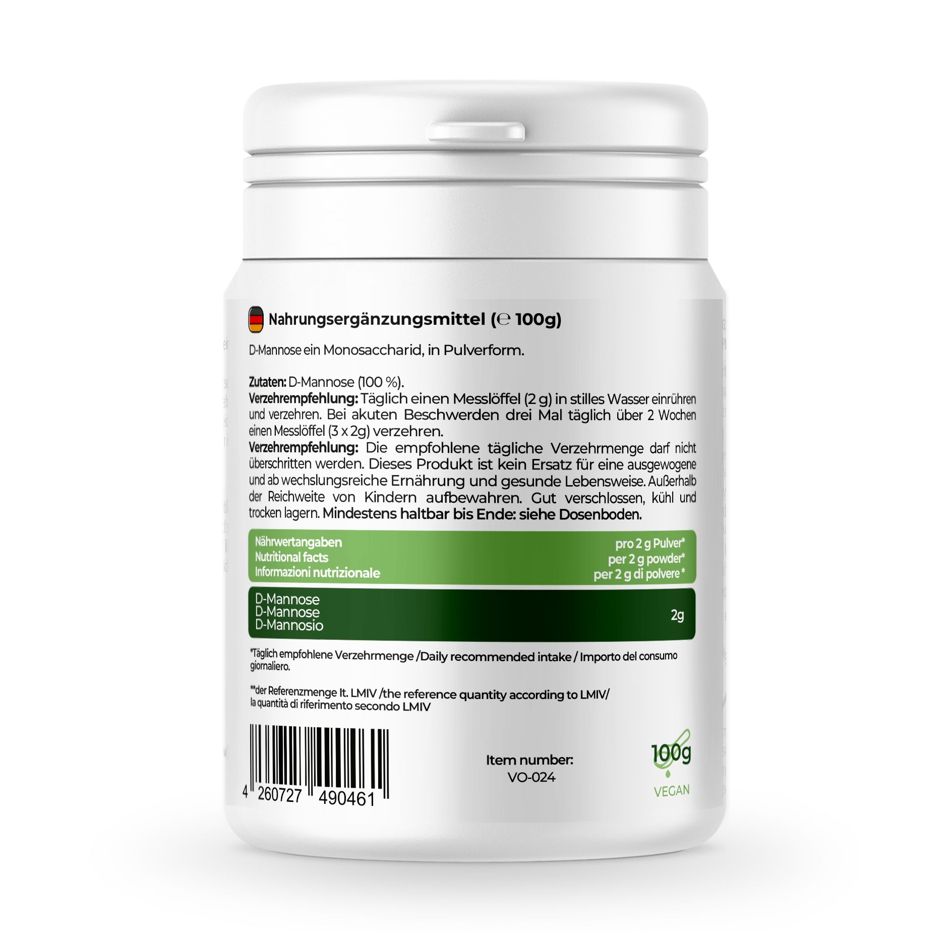 Rückseite des weißen Behälters. Text: Nahrungsergänzungsmittel, D-Mannose, 100g, vegan. Enthält Nährwertangaben und Verzehrempfehlung.