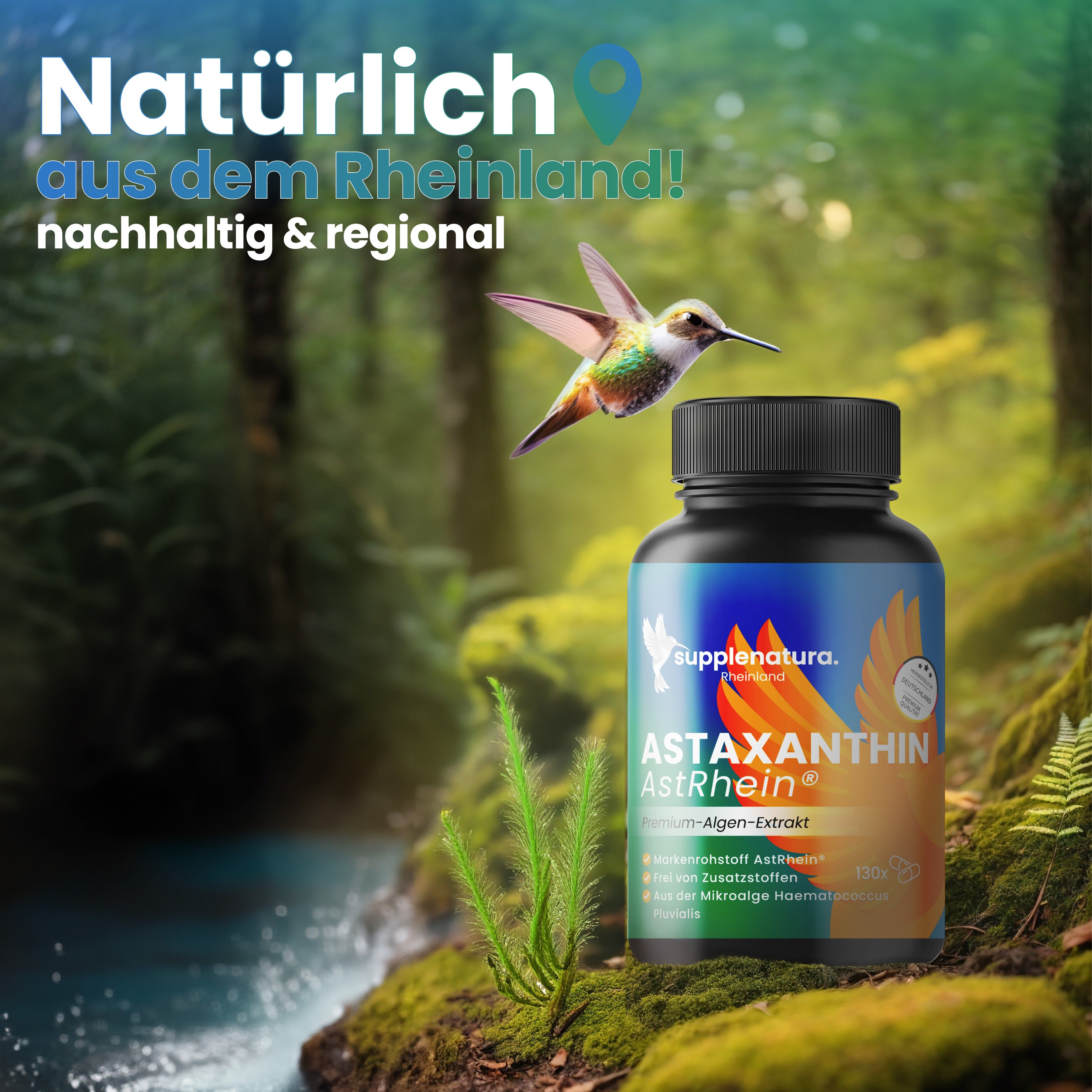 Produktflasche mit Astaxanthin AstRhein in Natur. Text: Natürlich aus dem Rheinland! Nachhaltig & regional.