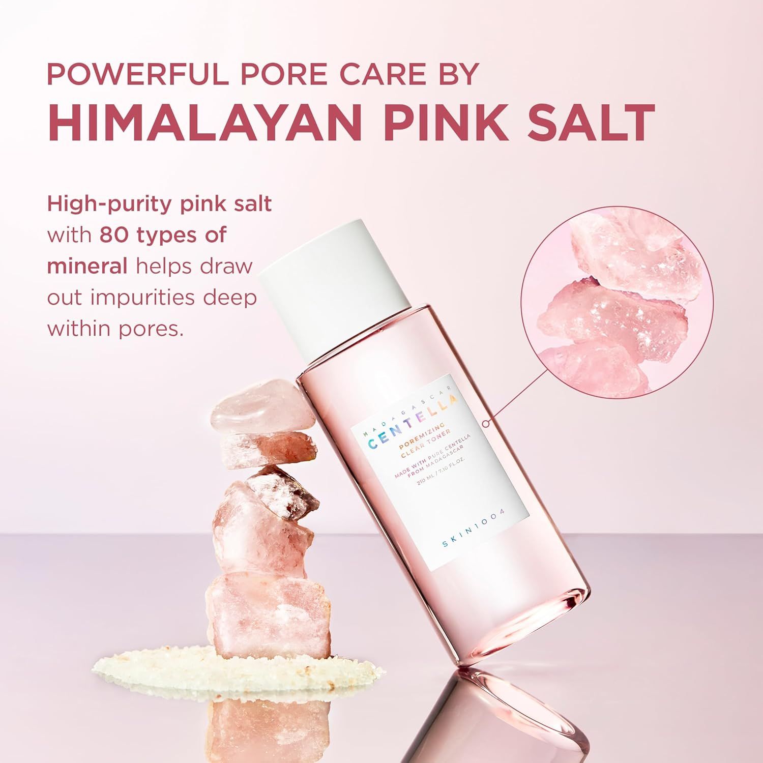 Rosa Flasche mit weißem Deckel. Rosa Kristalle und Text: Himalayan Pink Salt. Hilft, Unreinheiten zu entfernen.