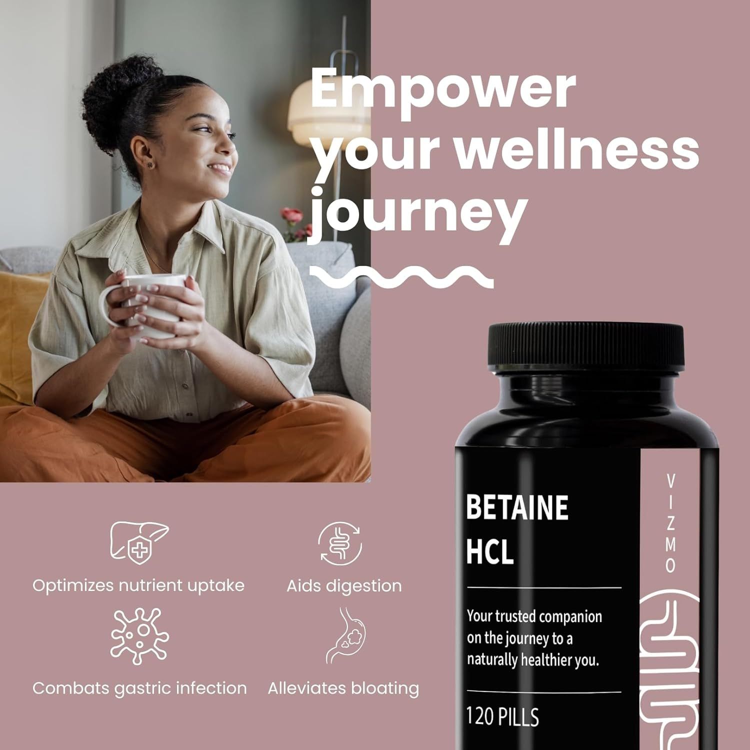 Frau mit Getränk und Flasche Betaine HCL. Text: Optimiert Nährstoffaufnahme, Hilft bei der Verdauung.