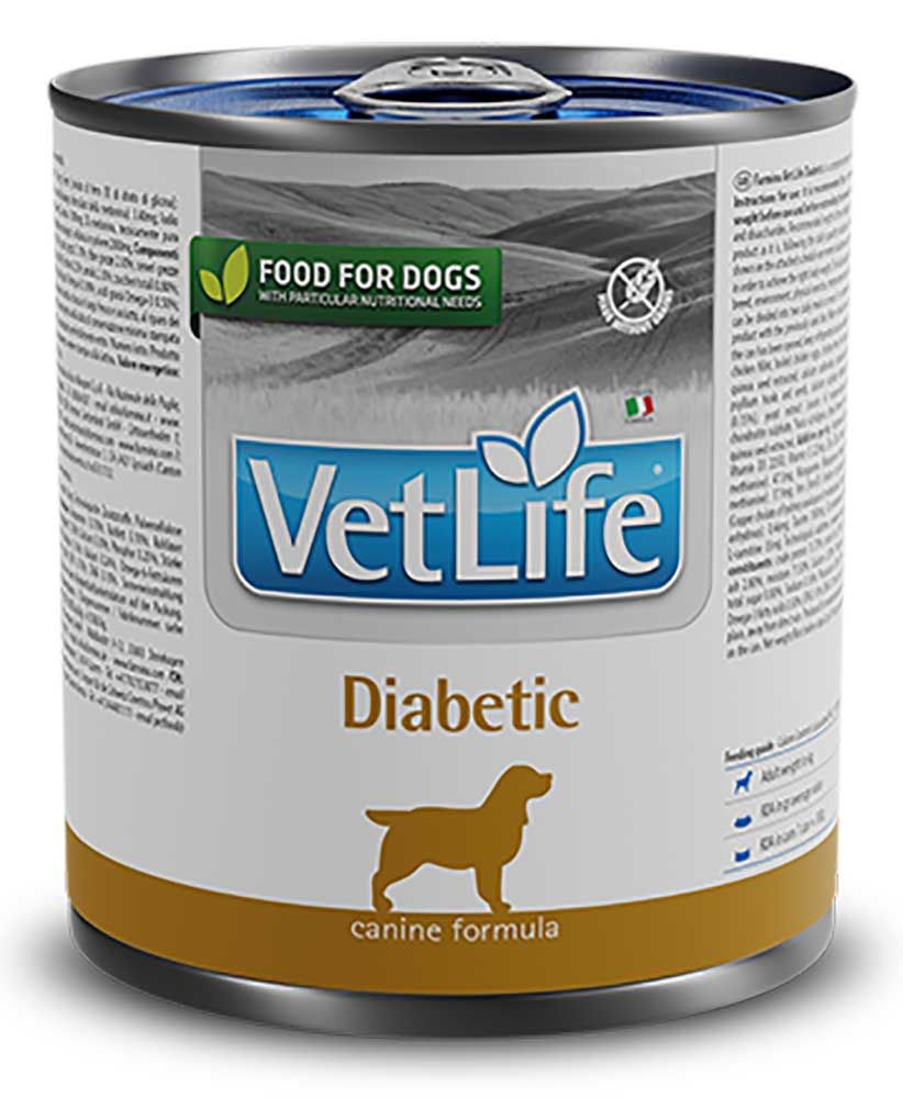 Hundefutterdose mit Etikett. Aufschrift: VetLife Diabetic. Abbildung eines Hundes. Dose mit grünem Logo und italienischer Flagge.